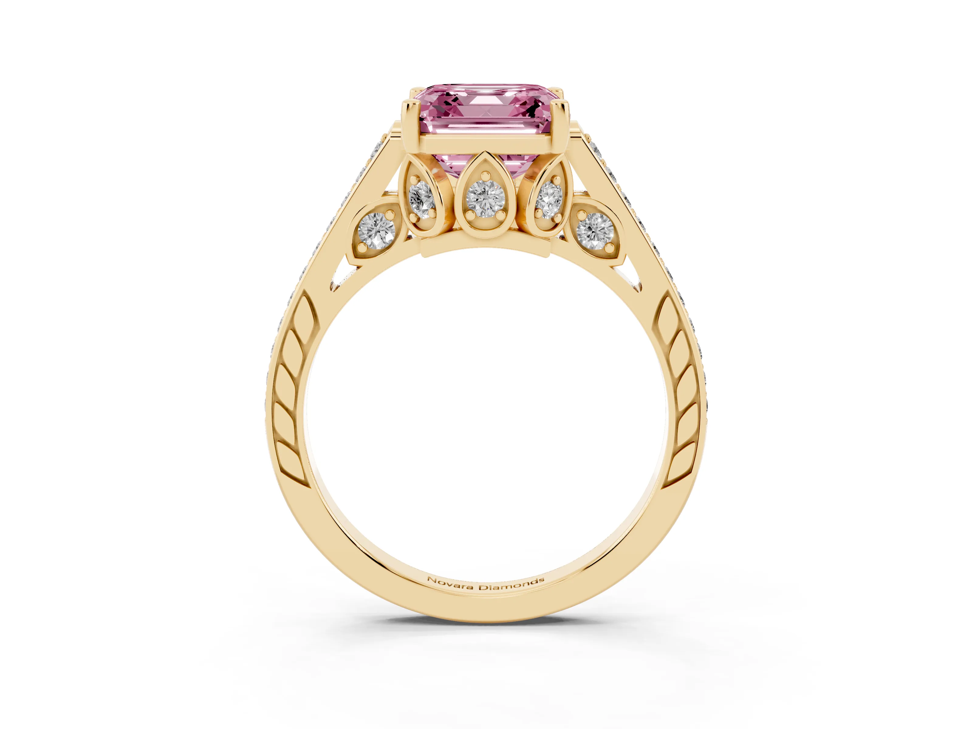 Fancy Pink Asscher Cut Diamond Cathedral Pavé Engagement Ring Set in Yellow gold with Prong Setting