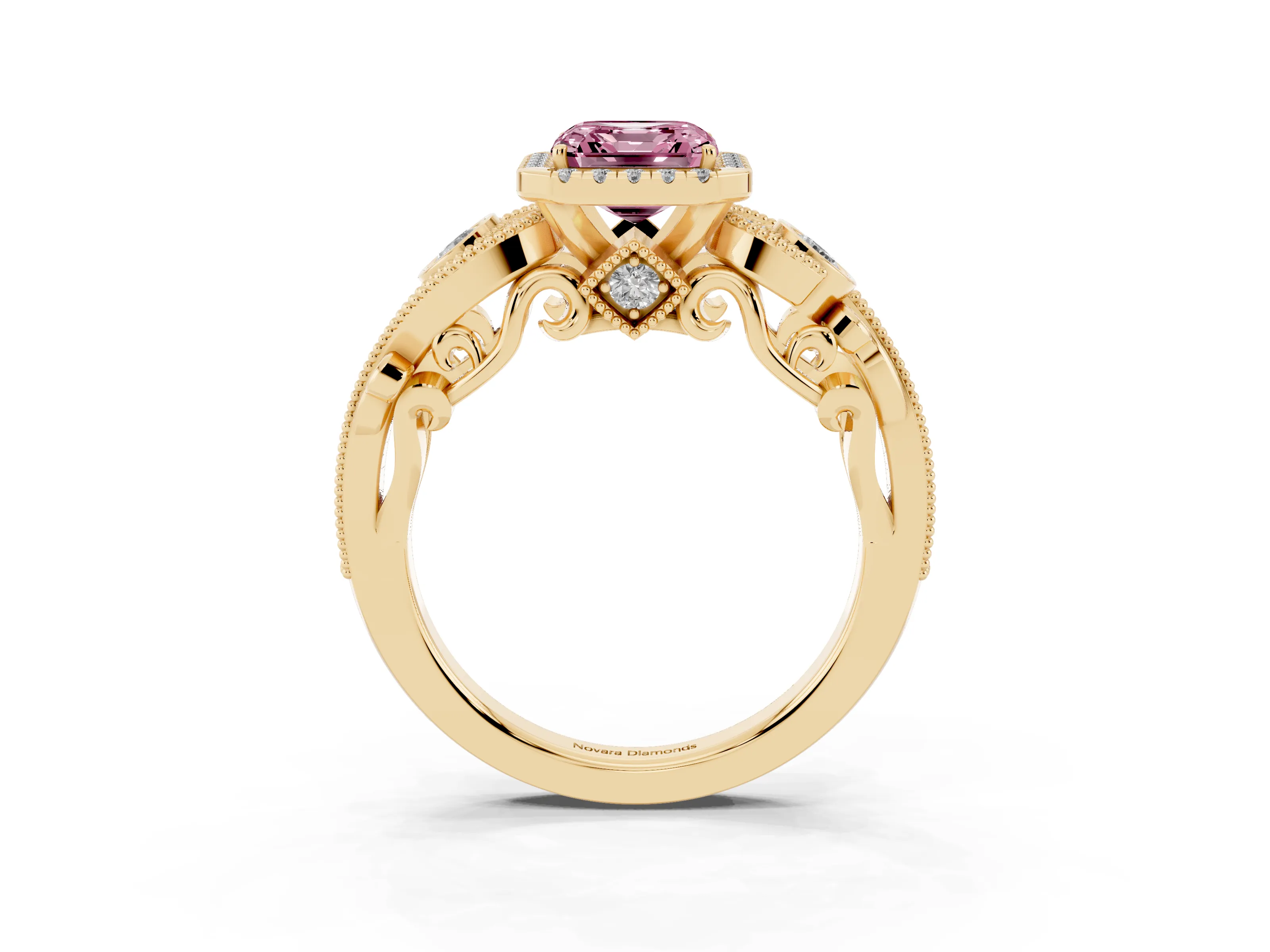 Fancy Pink Asscher Cut Diamond Halo Ring Set in Yellow gold with Milgrain Pavé Band and Prong Setting
