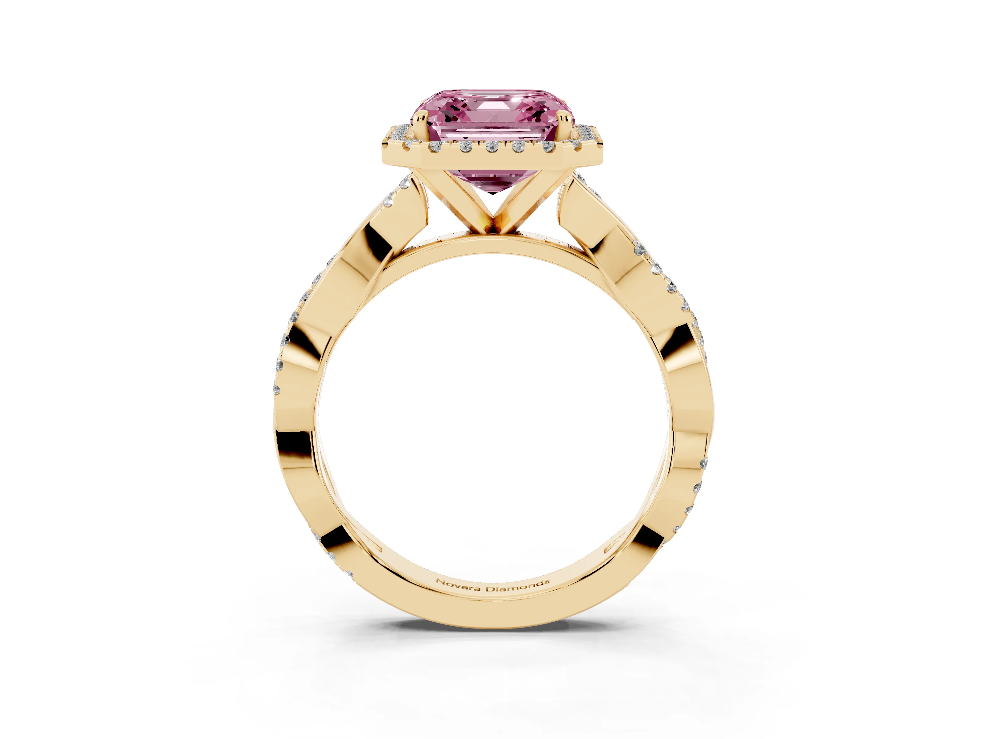 Fancy Pink Asscher Cut Diamond Halo Twisted Band Ring Set in Yellow gold with Prong Setting