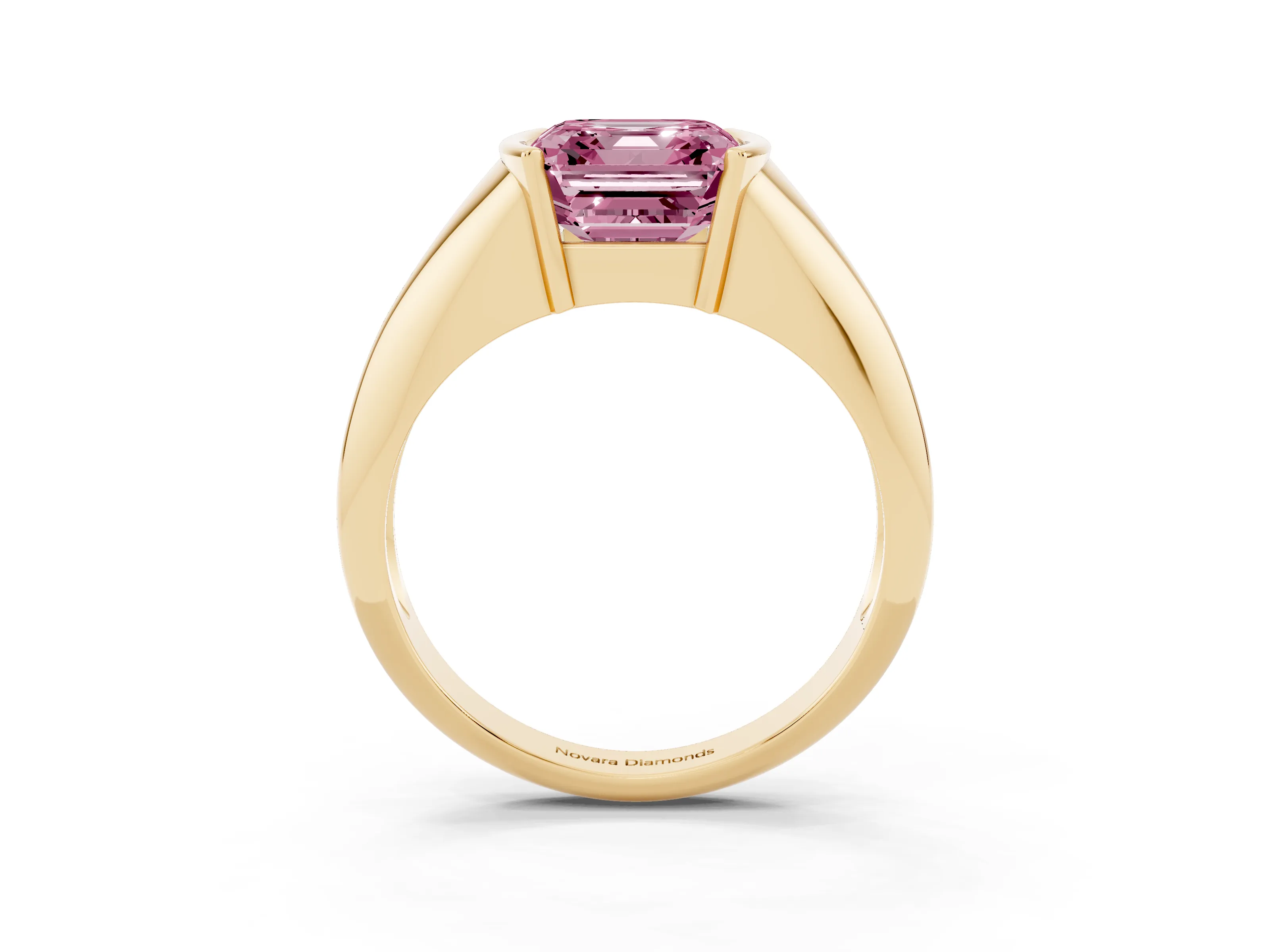 Fancy Pink Asscher Cut Diamond Solitaire Tension Set Ring Set in Yellow gold