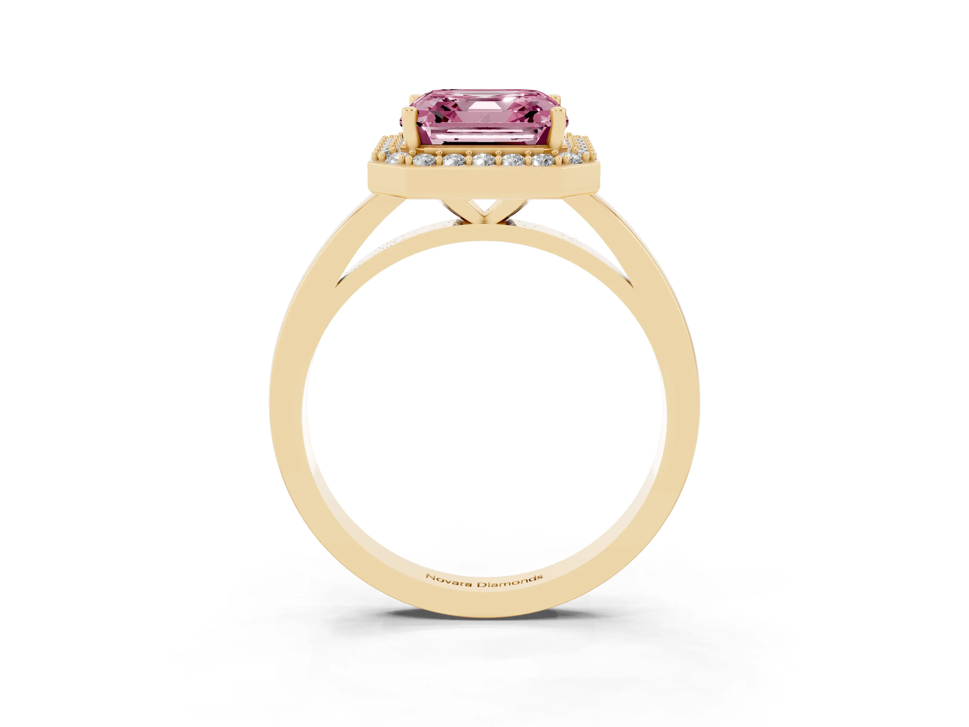 Fancy Pink Asscher Cut Diamond Halo Ring Set in Yellow gold with Solitaire Band and Prong Setting