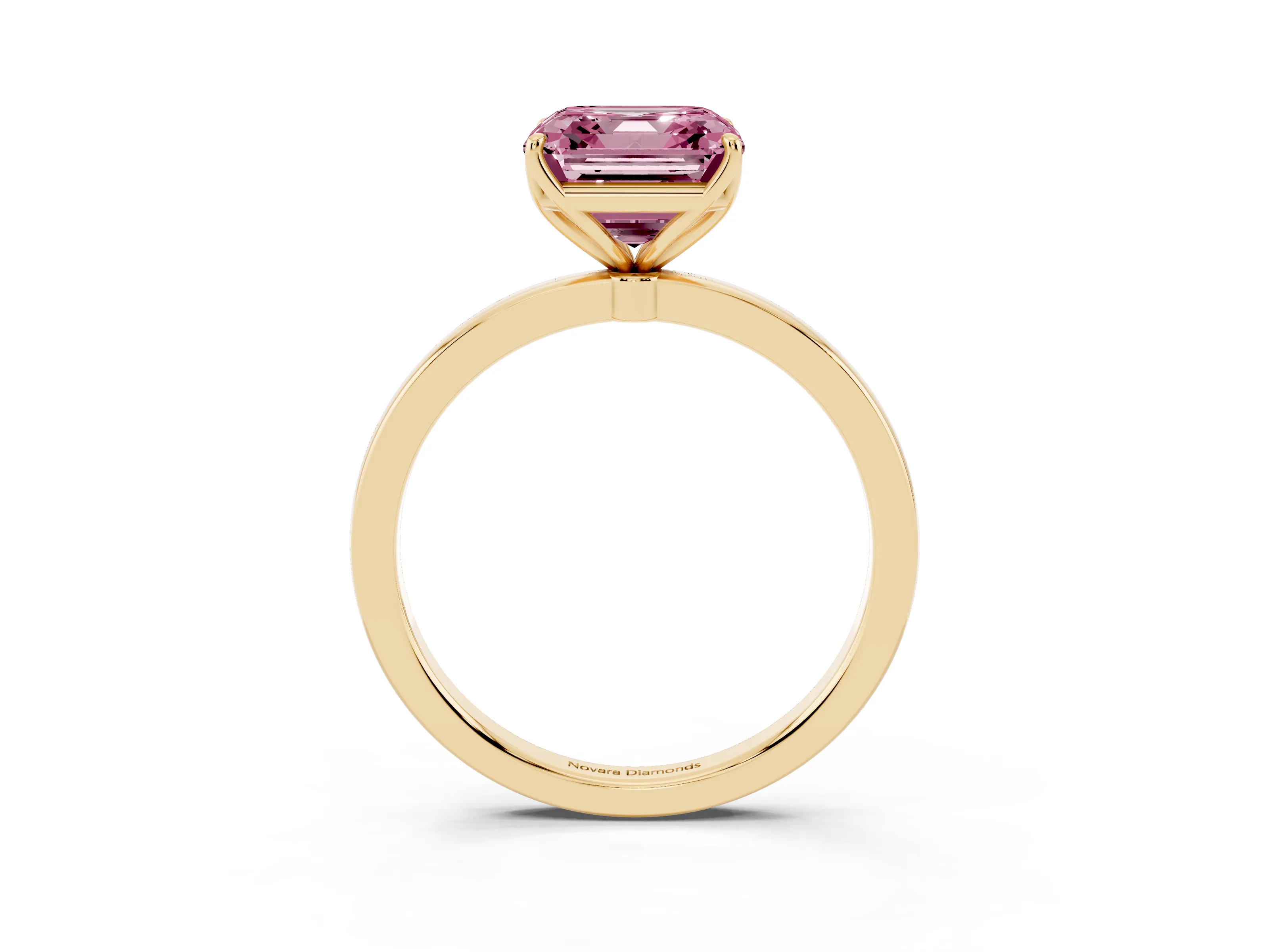 Fancy Pink Asscher Cut Diamond Solitaire Ring Set in Yellow gold with Prong Setting and Thin Polished Band