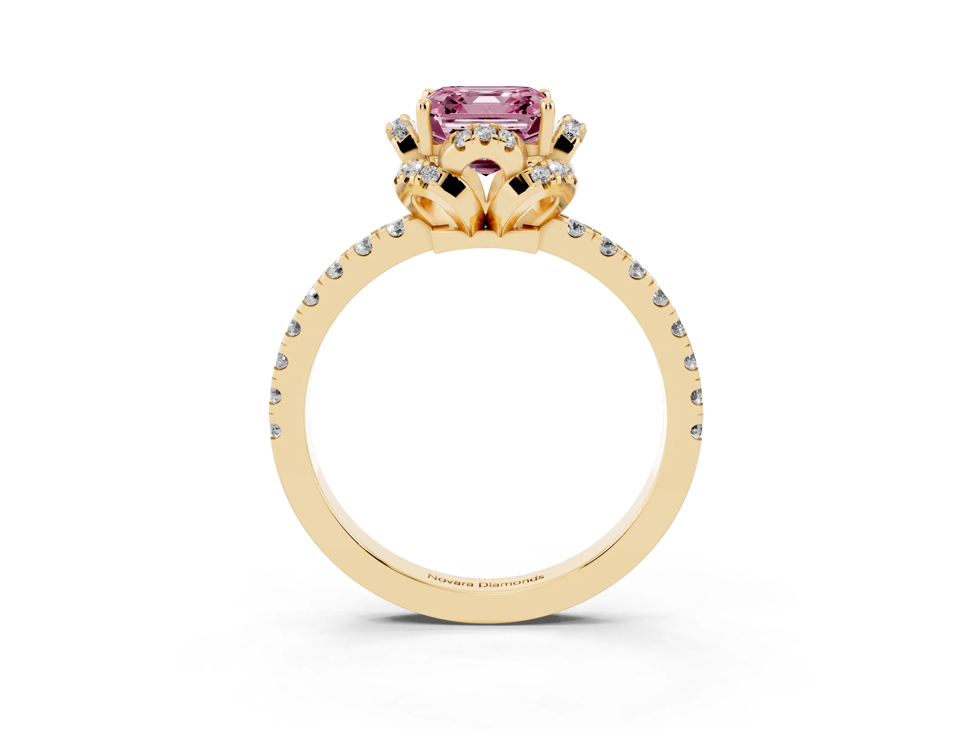 Fancy Pink Asscher Cut Diamond Halo Pavé Band Ring Set in Yellow gold with Prong-Held Center