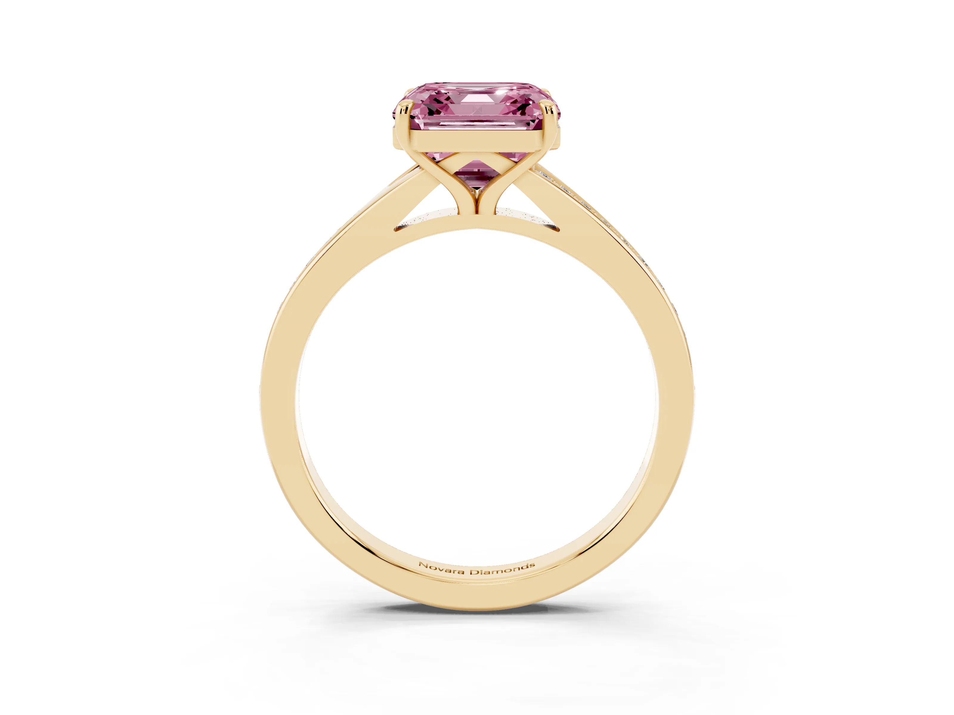 Fancy Pink Asscher Cut Diamond Solitaire Ring Set in Yellow gold with Pavé Accent Band and Classic Prong Setting