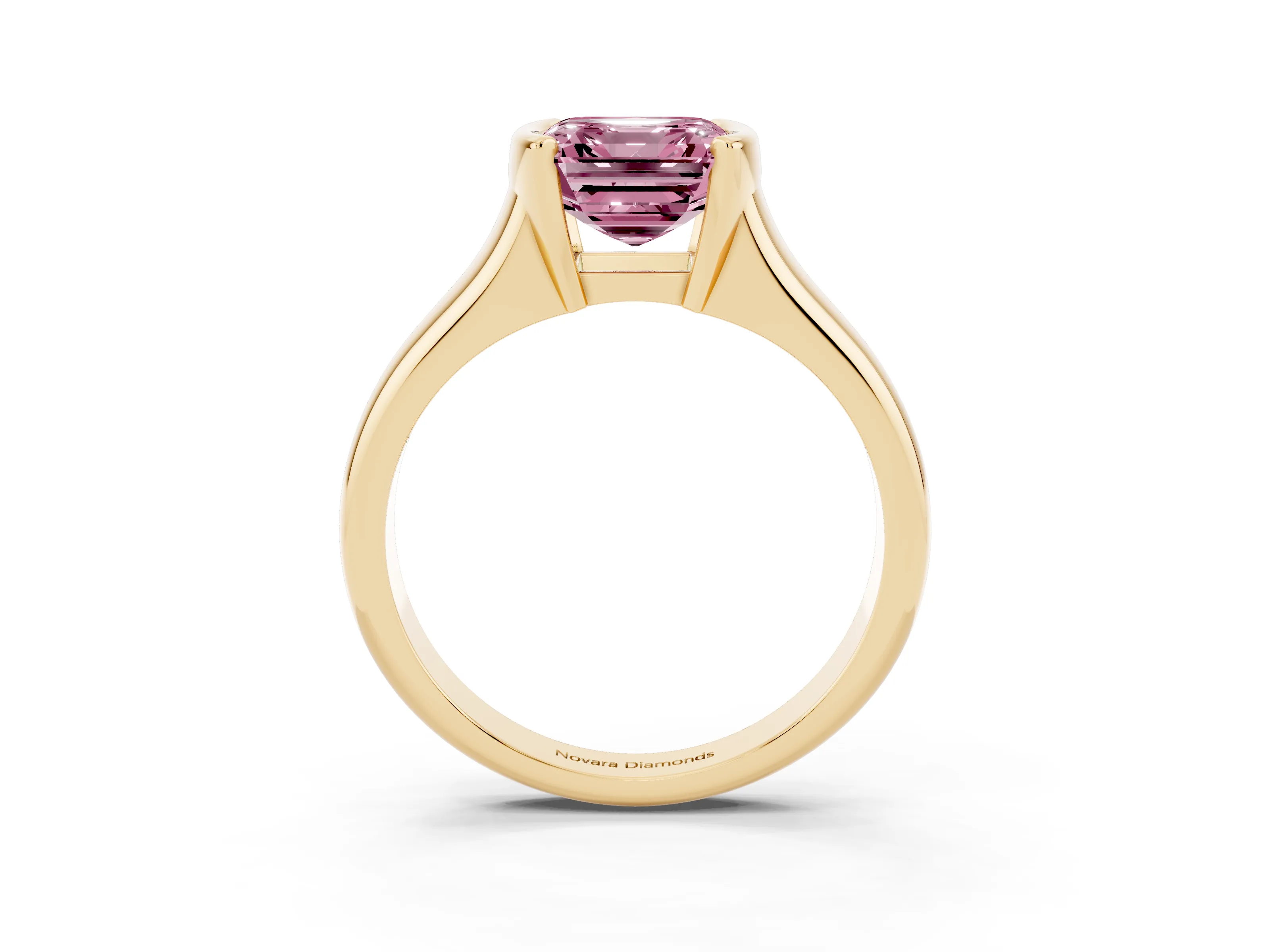 Fancy Pink Asscher Cut Diamond Solitaire Tension Set Ring Set in Yellow gold with Split Shank Band