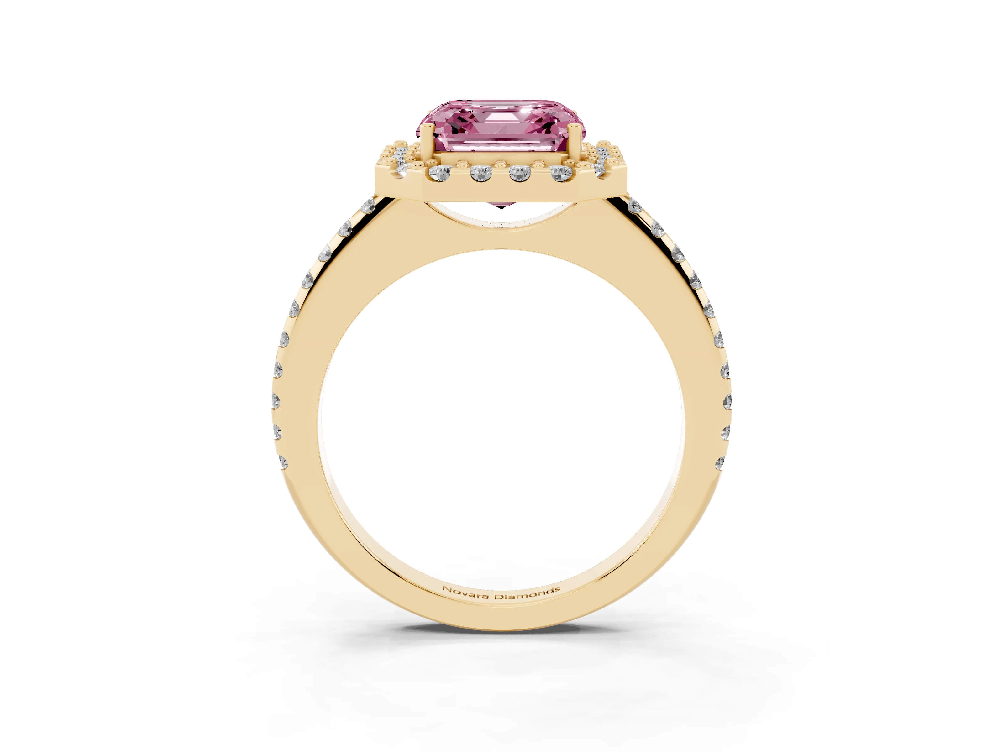 Fancy Pink Asscher Cut Diamond Pavé Halo Ring Set in Yellow gold with Prong Setting