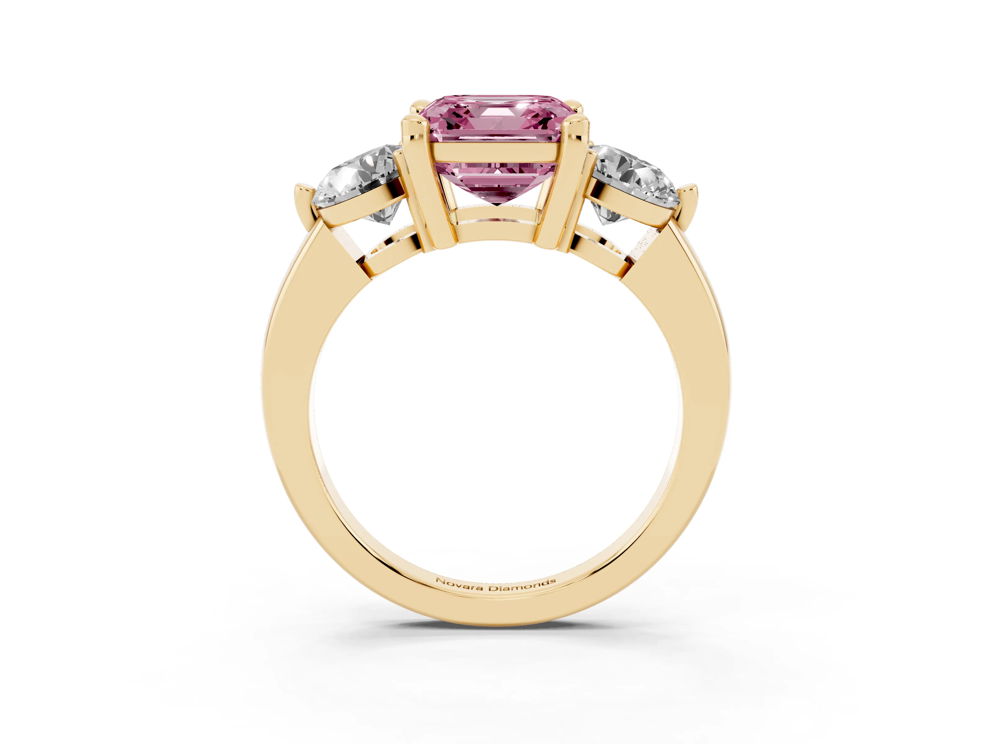 Fancy Pink Asscher Cut Diamond Three-Stone Ring Set in Yellow gold with Prong Setting and Classic Band
