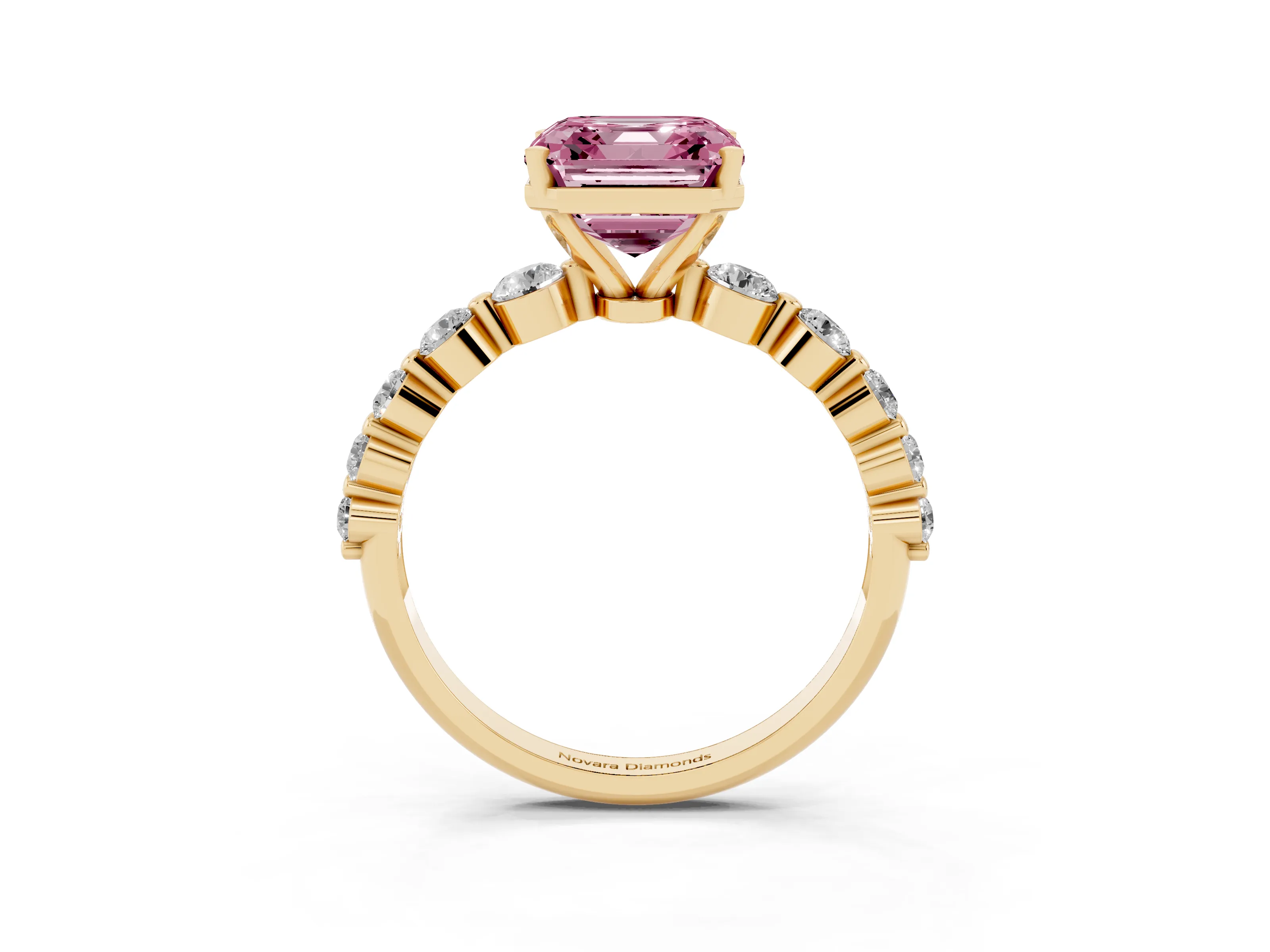 Fancy Pink Asscher Cut Diamond Solitaire Ring Set in Yellow gold with Pavé Band and Prong Setting