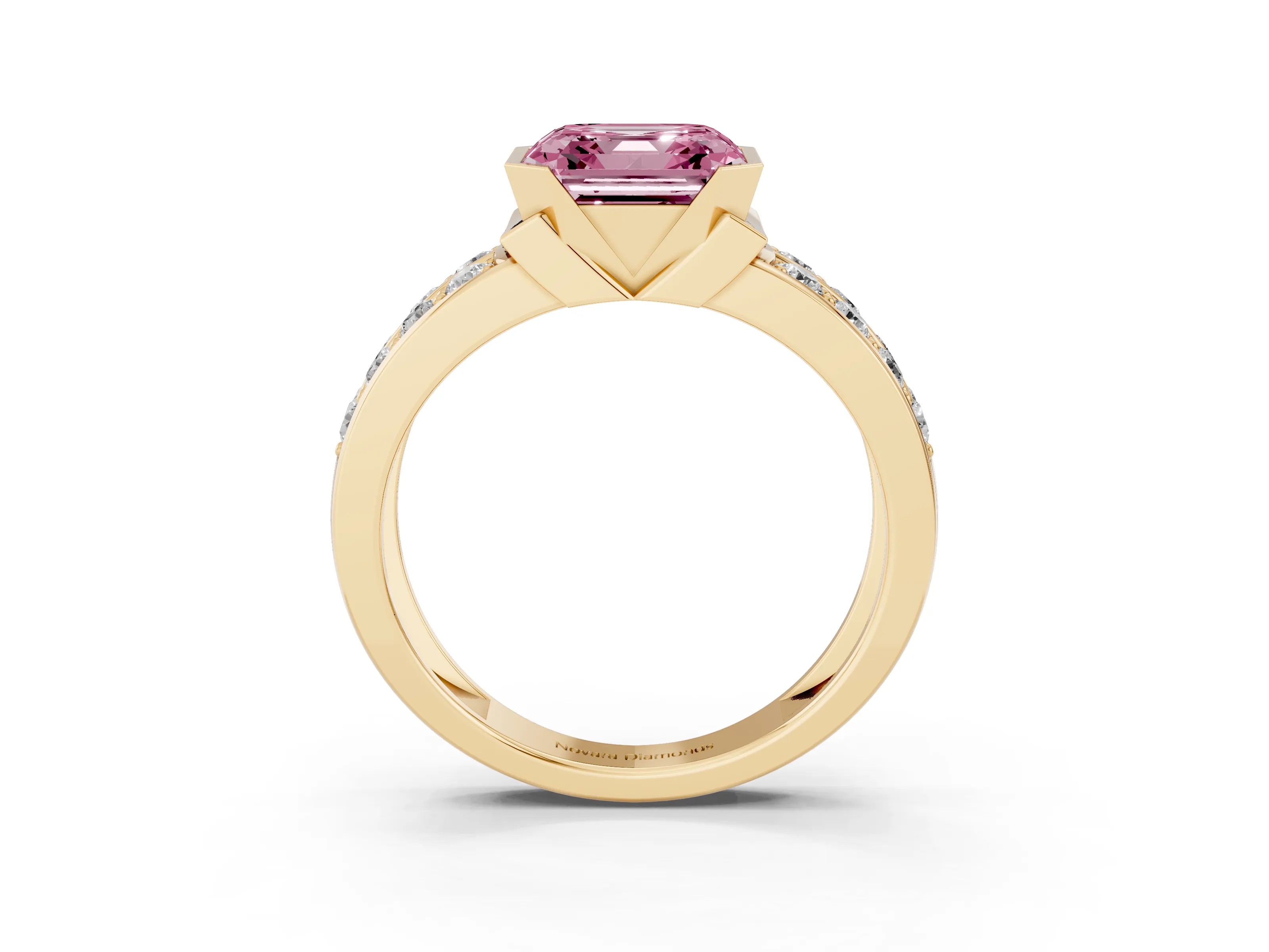 Fancy Pink Asscher Cut Diamond Wide Channel Set Band Ring Set in Yellow gold with Bezel Setting