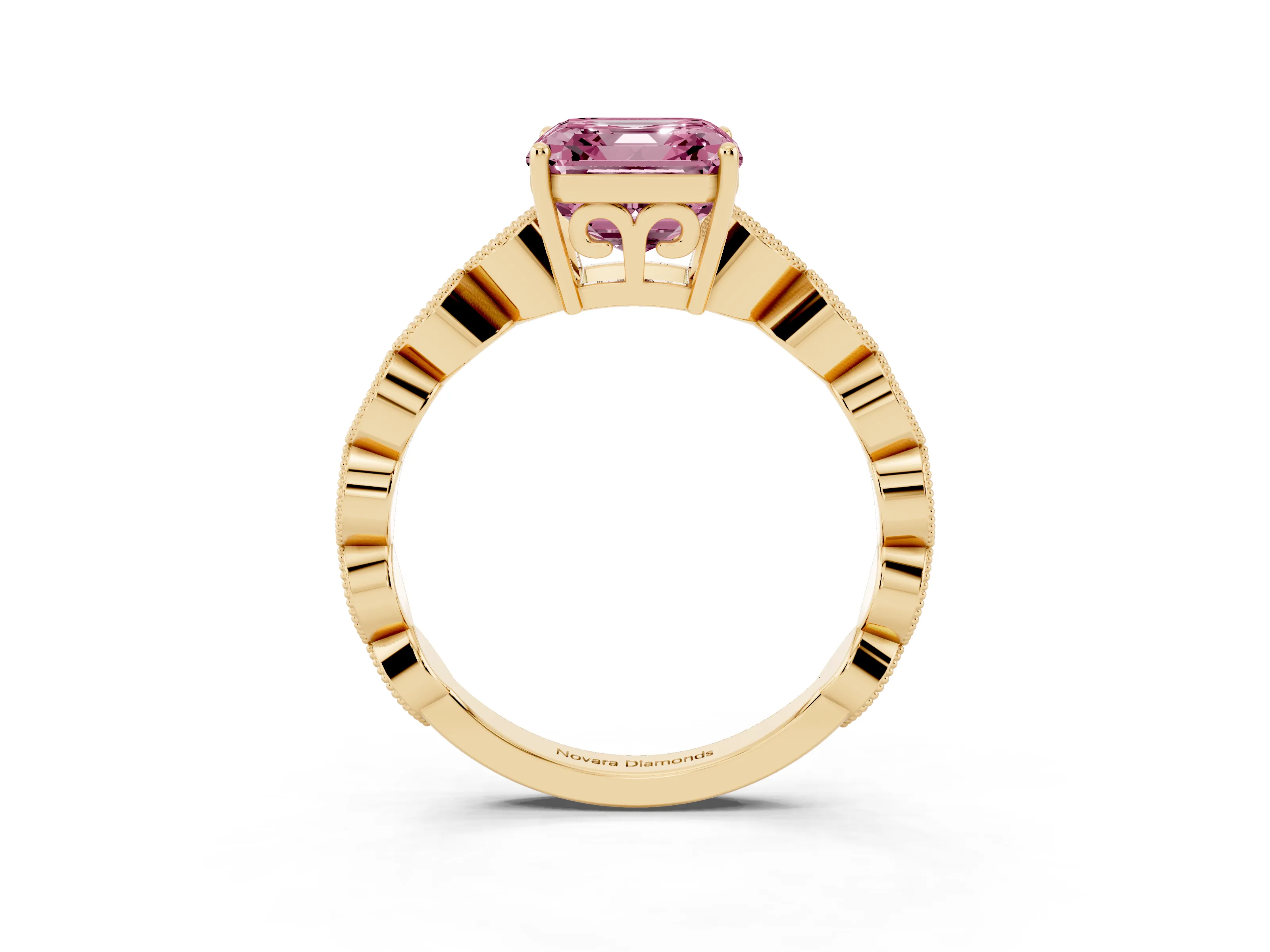Fancy Pink Asscher Cut Diamond Solitaire Ring Set in Yellow gold with Infinity Twist Pavé Band