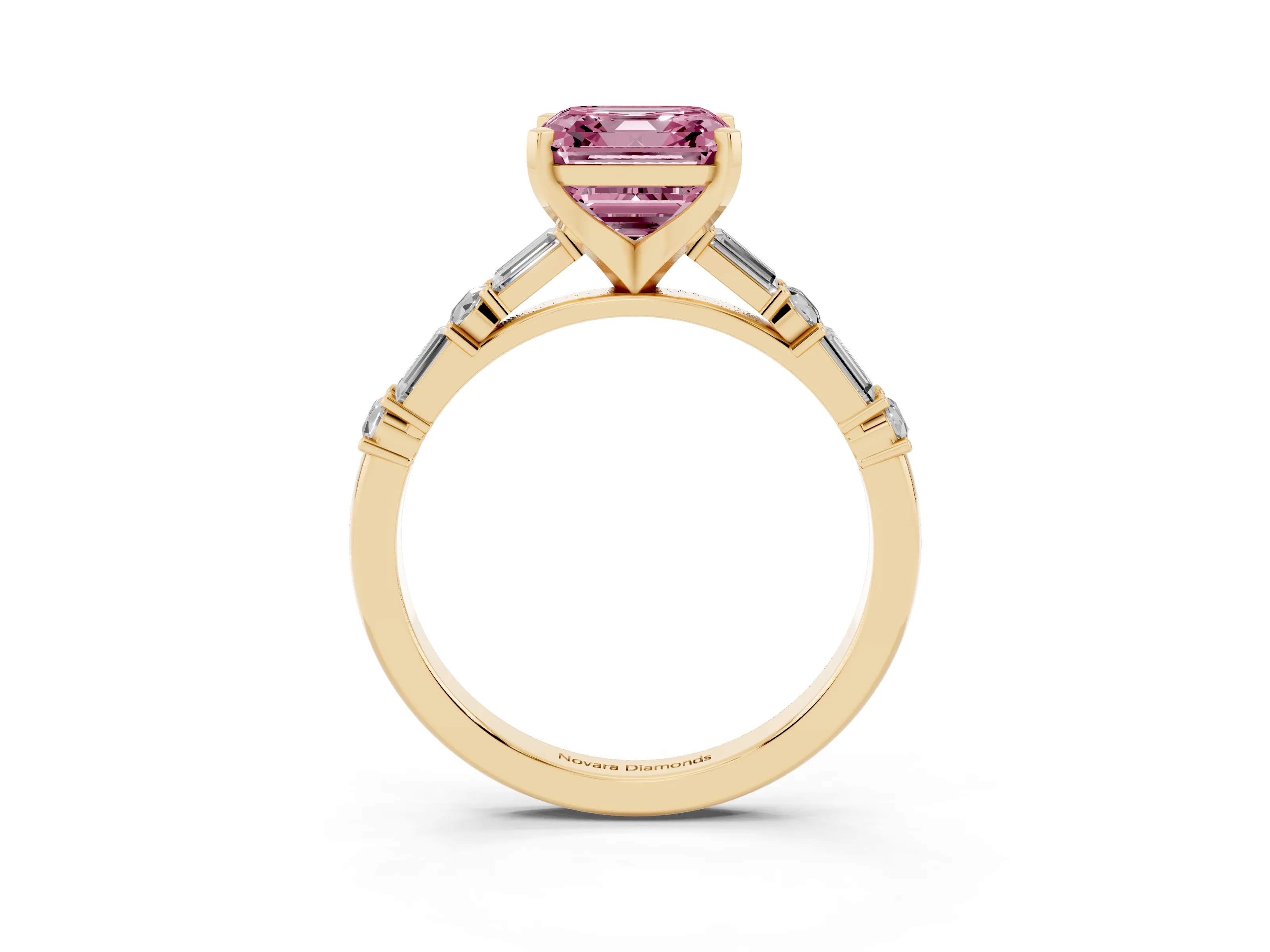 Fancy Pink Asscher Cut Diamond Solitaire Set in Yellow gold with Side Baguettes and Channel Set Band