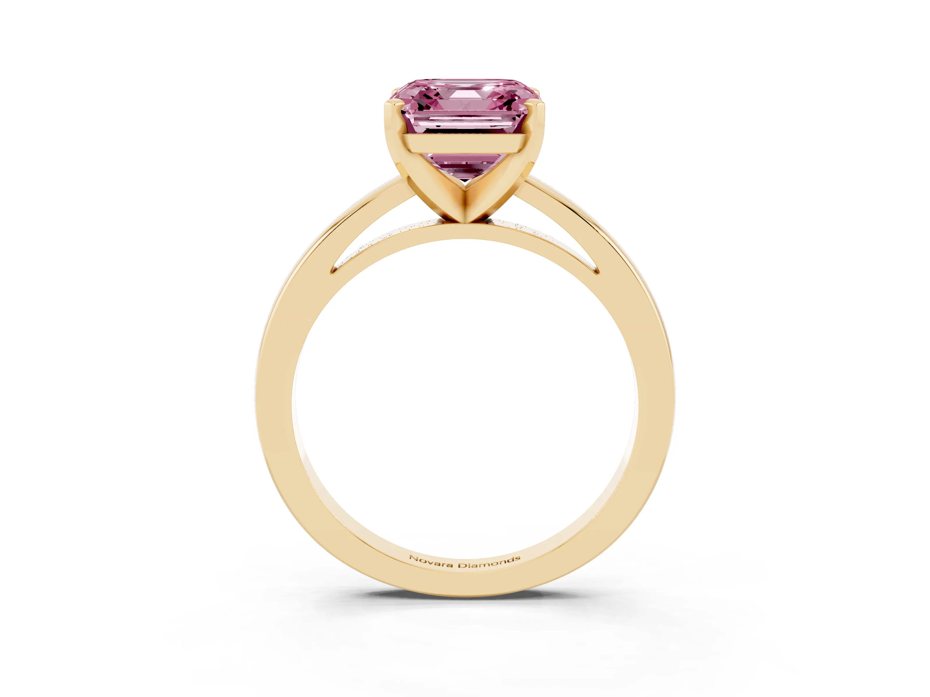 Fancy Pink Asscher Cut Diamond Solitaire Engagement Ring Set in Yellow gold with Prong Setting on a Classic Band