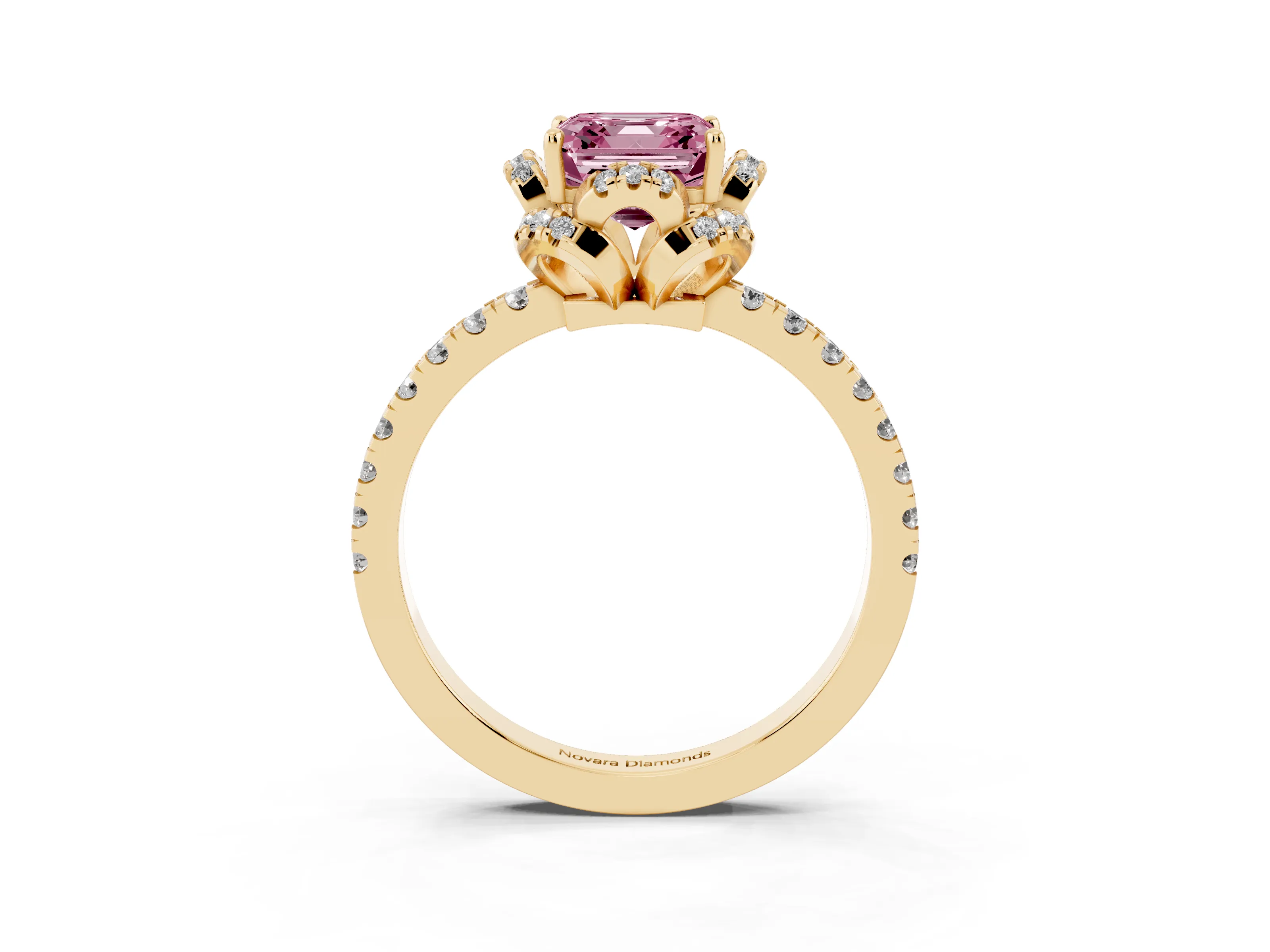 Fancy Pink Asscher Cut Diamond Halo Pavé Ring Set in Yellow gold with Prong-Held Center Stone