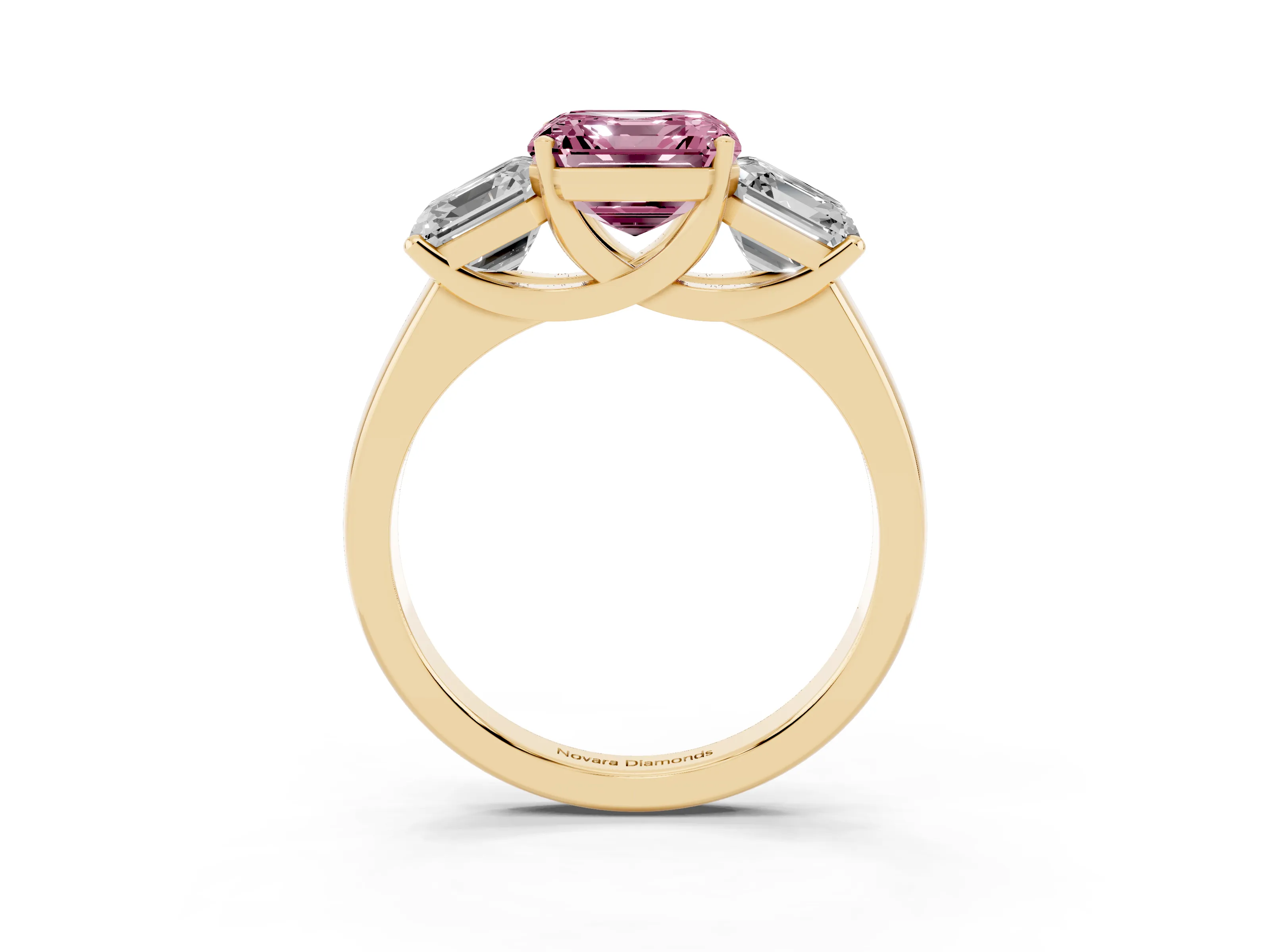 Fancy Pink Asscher Cut Diamond Three-Stone Ring Set in Yellow gold with Classic Prong Setting and Plain Band