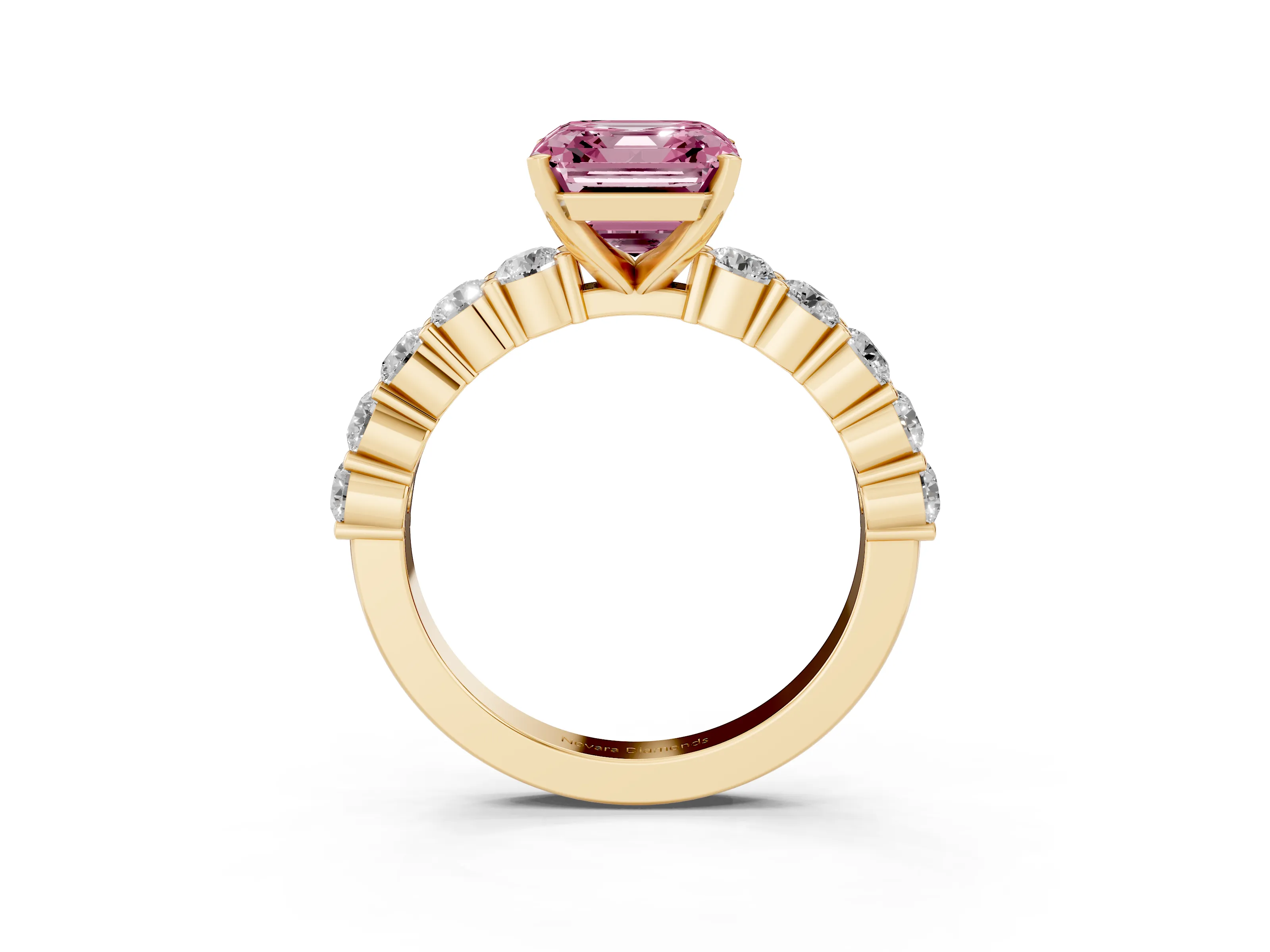 Fancy Pink Asscher Cut Diamond Solitaire Ring Set in Yellow gold with Shared Prong Round Side Stones