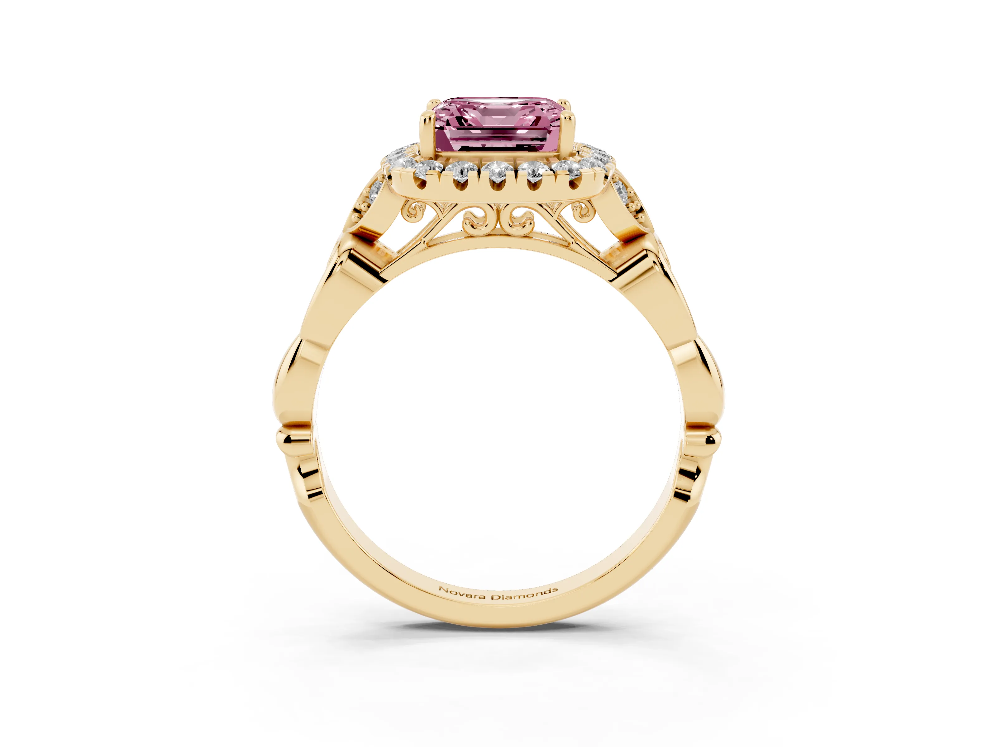 Fancy Pink Asscher Cut Diamond Halo Engagement Ring Set in Yellow gold with Vintage-Inspired Band and Prong Setting