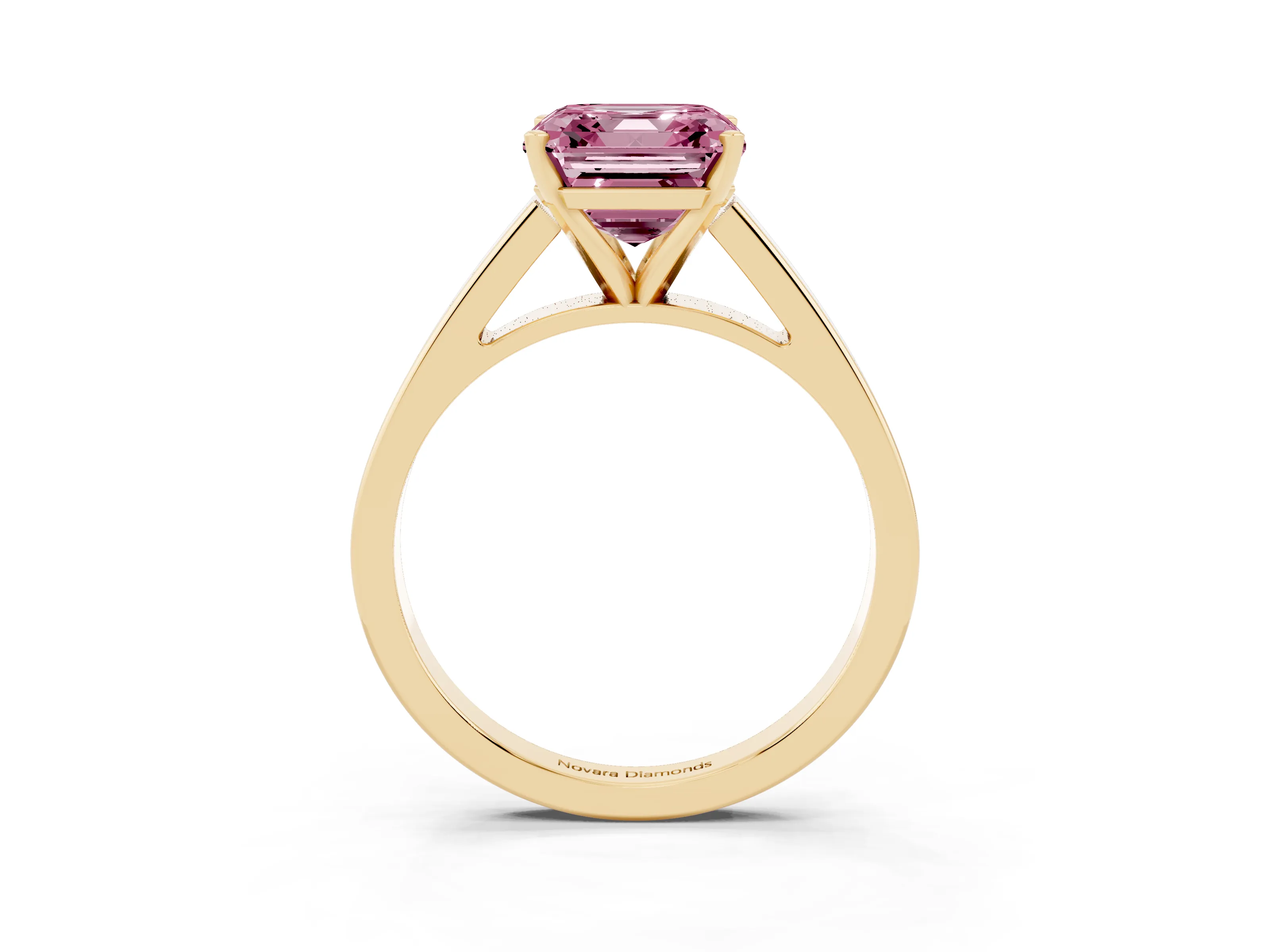 Fancy Pink Asscher Cut Diamond Solitaire Engagement Ring Set in Yellow gold with Prong Setting and Tapered Band