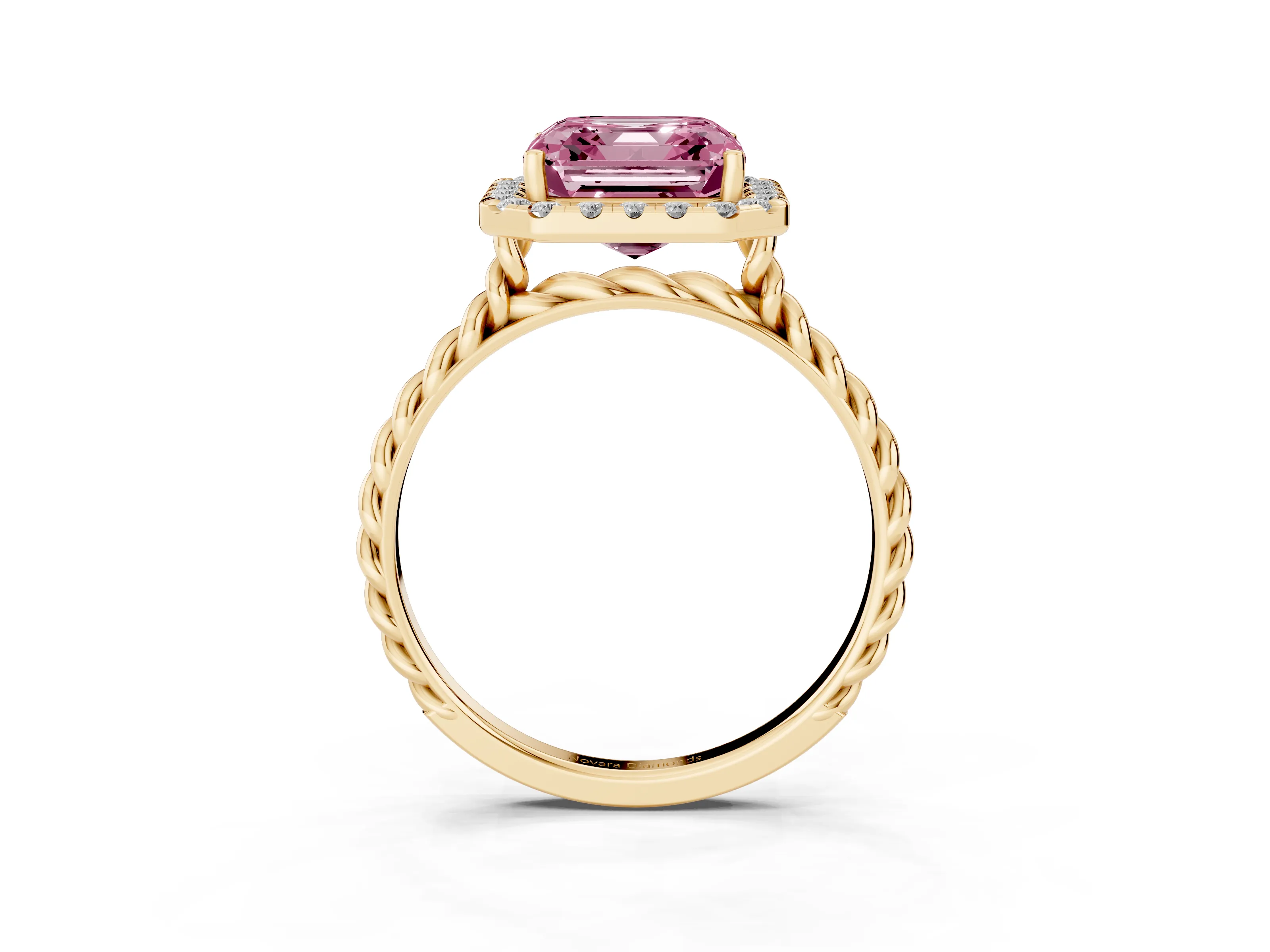 Fancy Pink Asscher Cut Diamond Halo Ring Set in Yellow gold with Plain Twisted Band