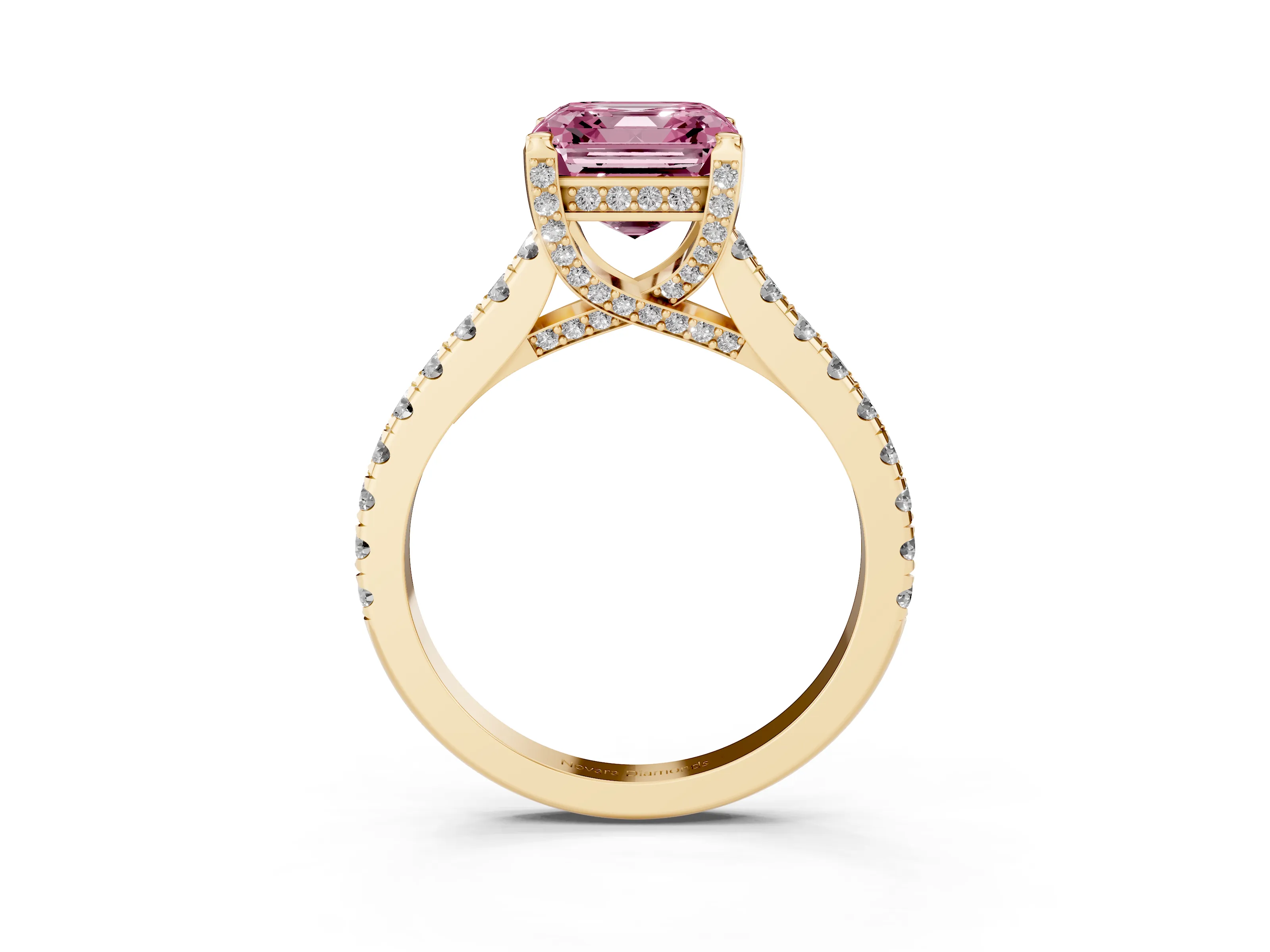 Fancy Pink Asscher Cut Diamond Solitaire Ring Set in Yellow gold with Brilliant Pavé Band and Prong Setting