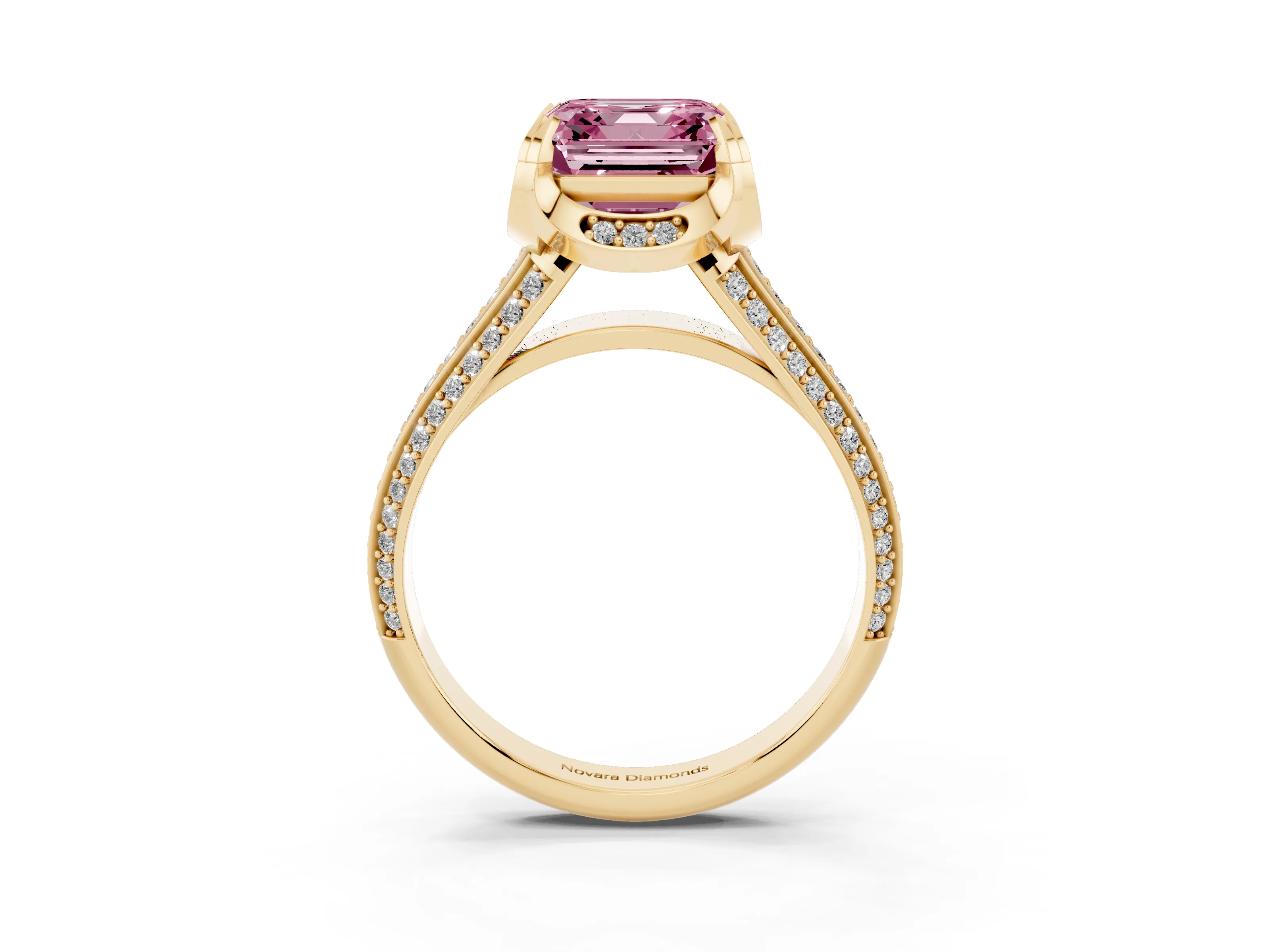 Fancy Pink Asscher Cut Diamond Pavé Split Shank Solitaire Ring Set in Yellow gold with Prong Setting