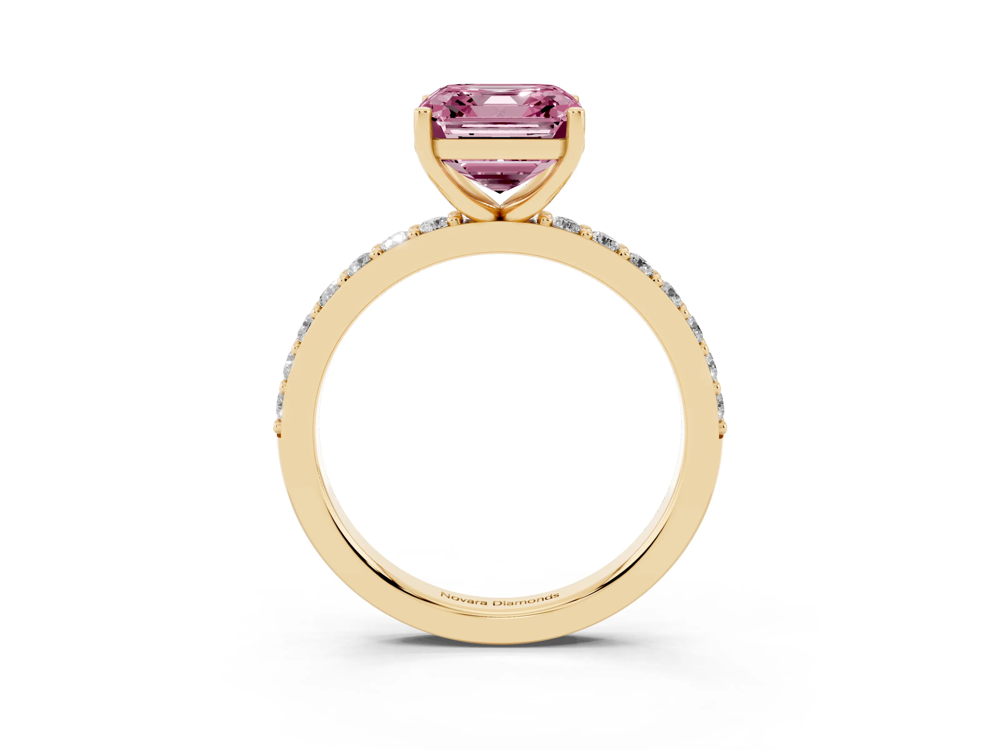 Fancy Pink Asscher Cut Diamond Solitaire Set in Yellow gold with Round Pavé Band and Prong Setting