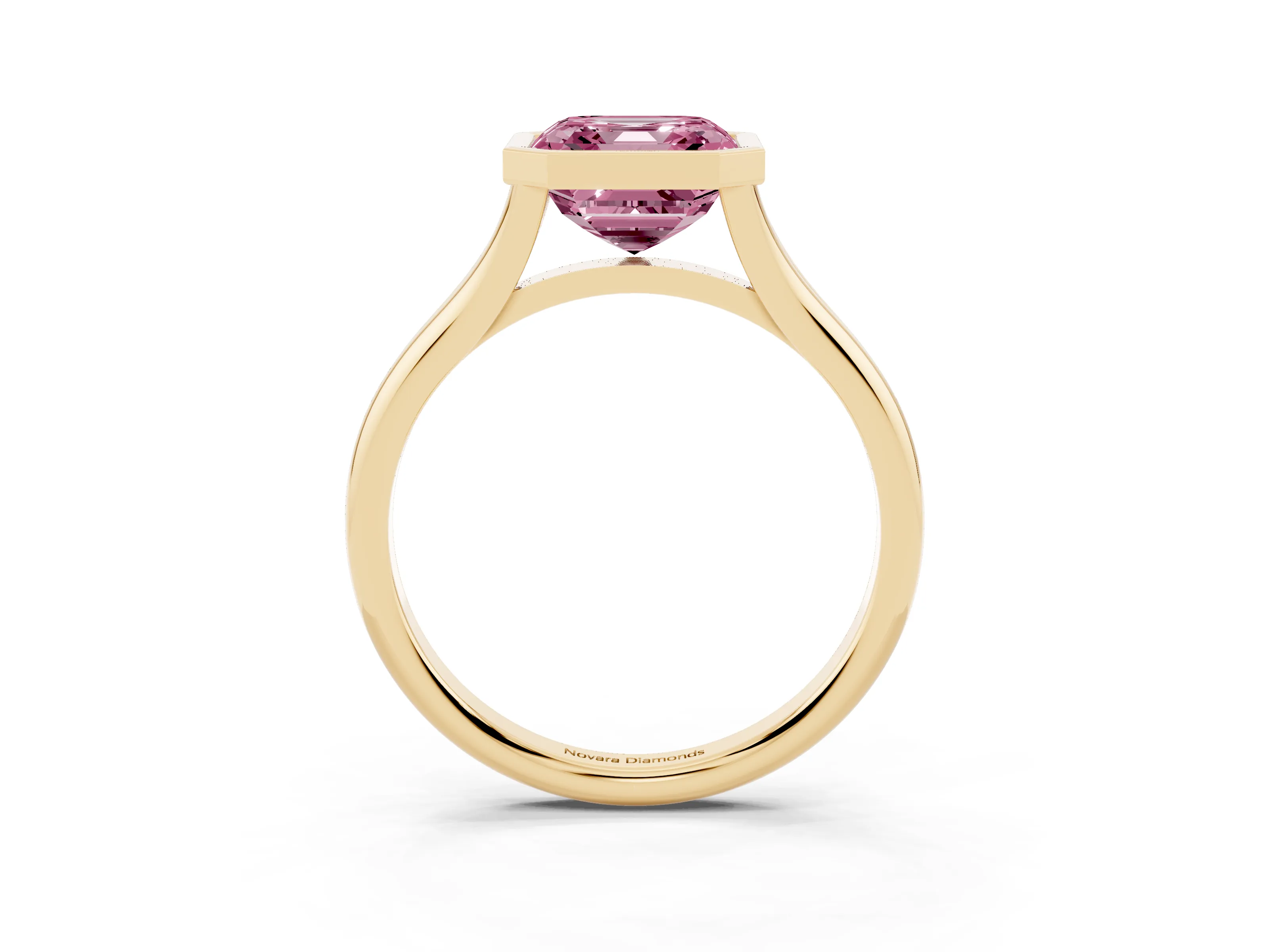 Fancy Pink Bezel Set Asscher Cut Diamond Solitaire Ring Set in Yellow gold with Tapered Band
