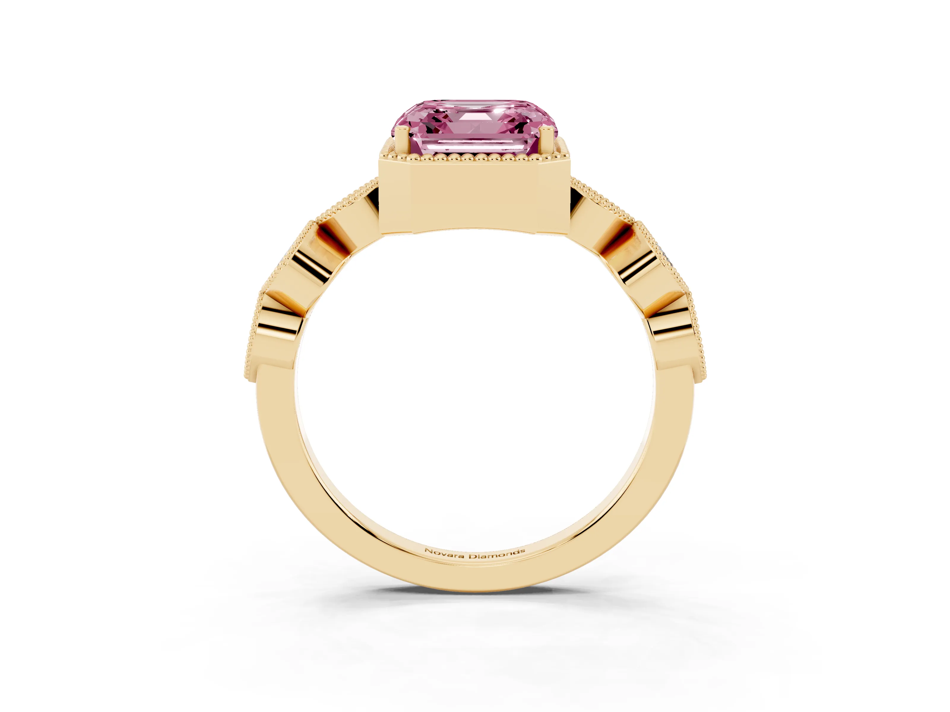 Fancy Pink Asscher Cut Diamond Vintage-Inspired Milgrain Ring Set in Yellow gold with Marquise Stations of Round Accents