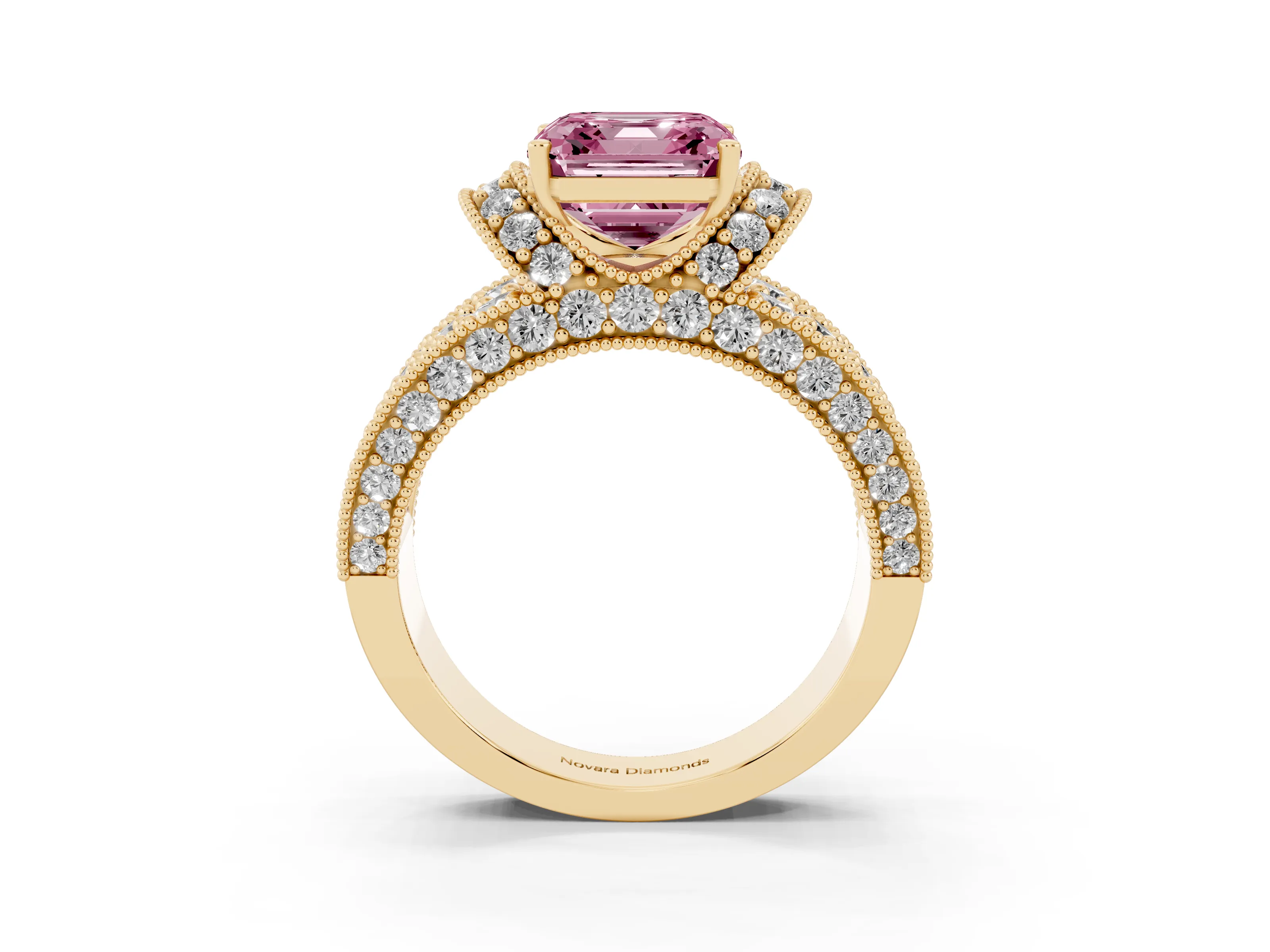 Fancy Pink Asscher Cut Diamond Milgrain Halo Pavé Engagement Ring Set in Yellow gold with Prong Setting