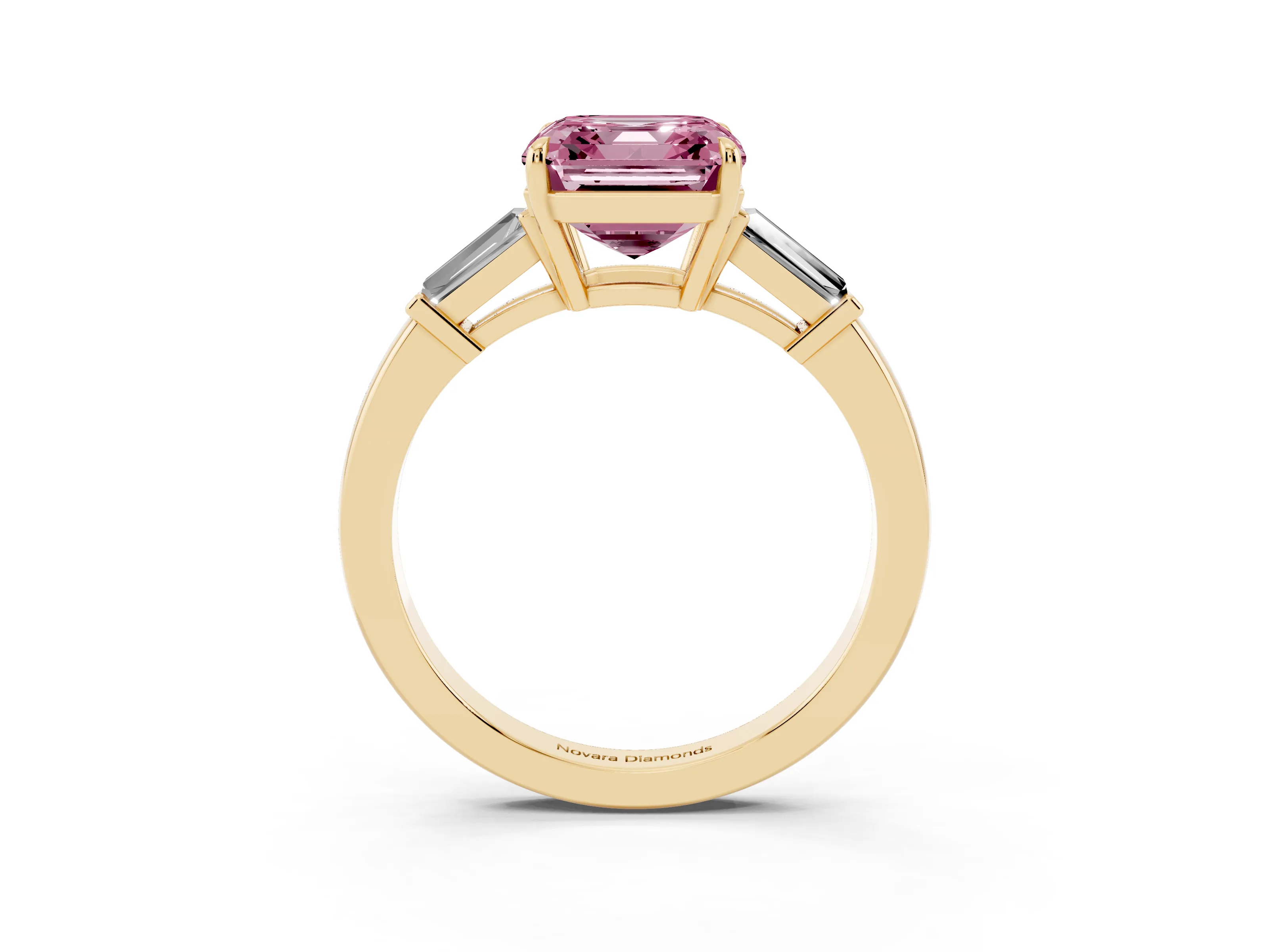 Fancy Pink Asscher Cut Diamond Three-Stone Ring Set in Yellow gold with Tapered Baguette Side Stones and Prong Setting