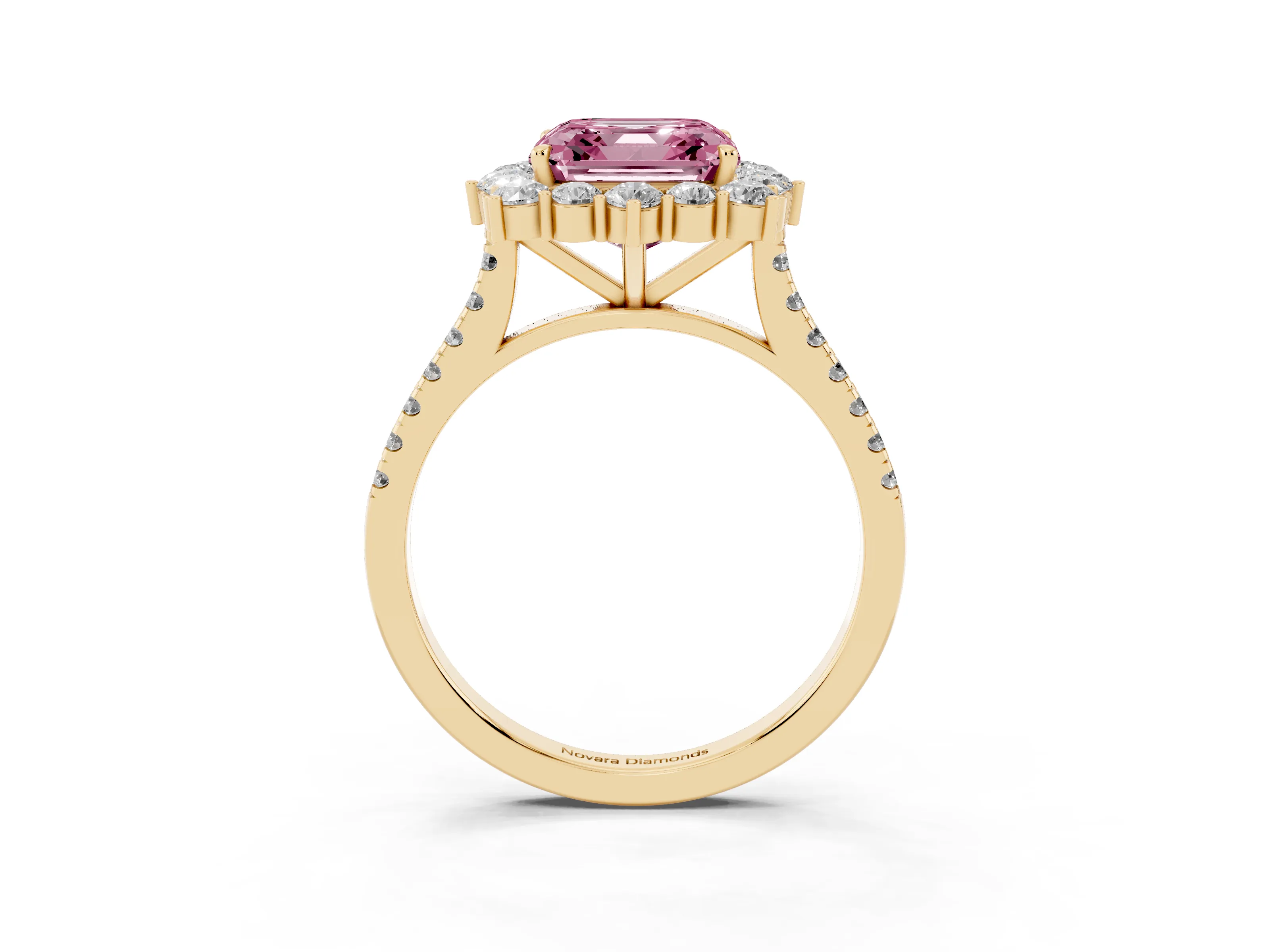 Fancy Pink Asscher Cut Diamond Halo Ring Set in Yellow gold with Pavé Band and Prong Setting