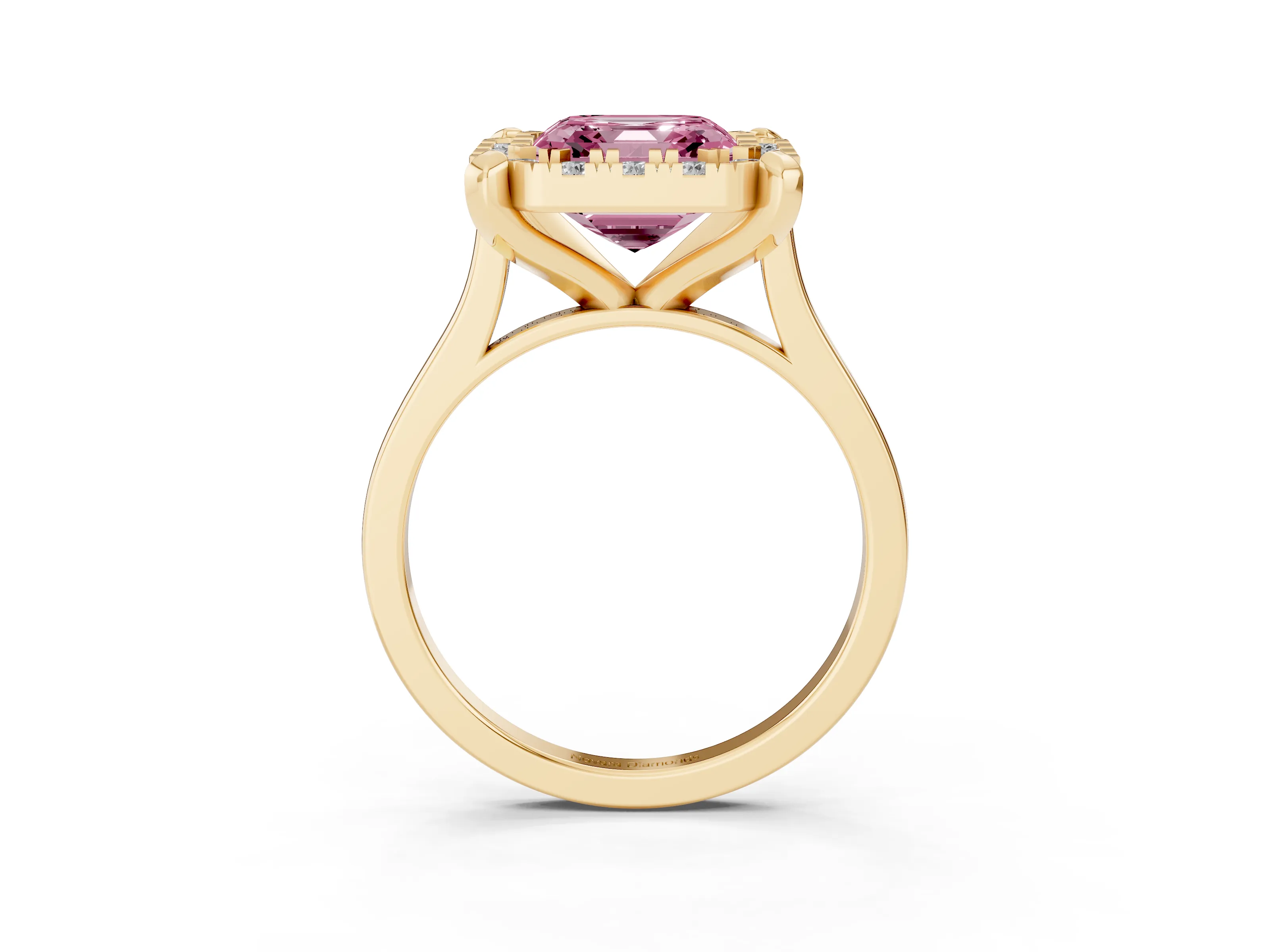 Fancy Pink Asscher Cut Diamond Cluster Halo Solitaire Ring Set in Yellow gold with Prong Setting