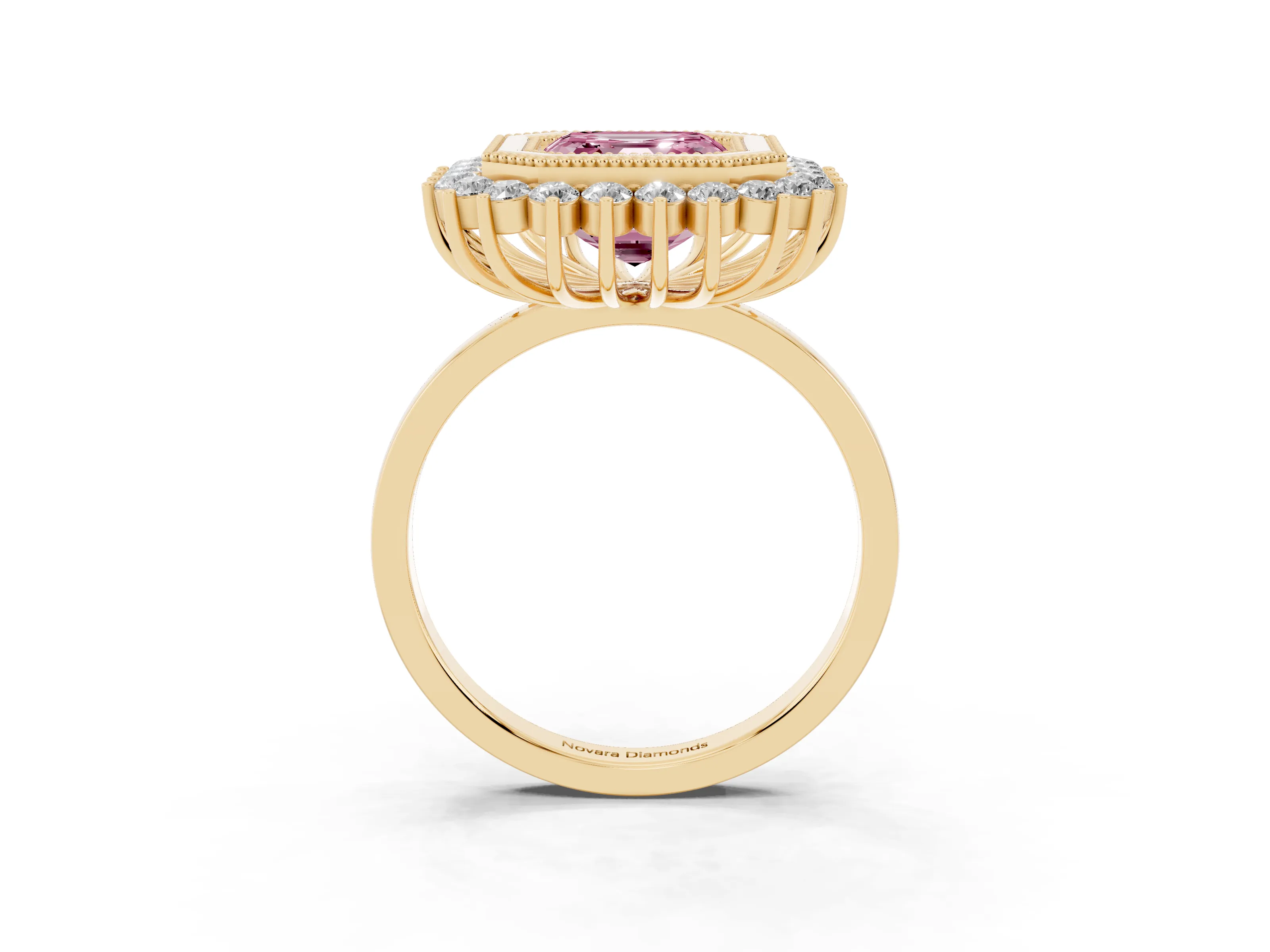 Fancy Pink Asscher Cut Diamond Halo Ring Set in Yellow gold with Milgrain Edge and Round Prong Setting