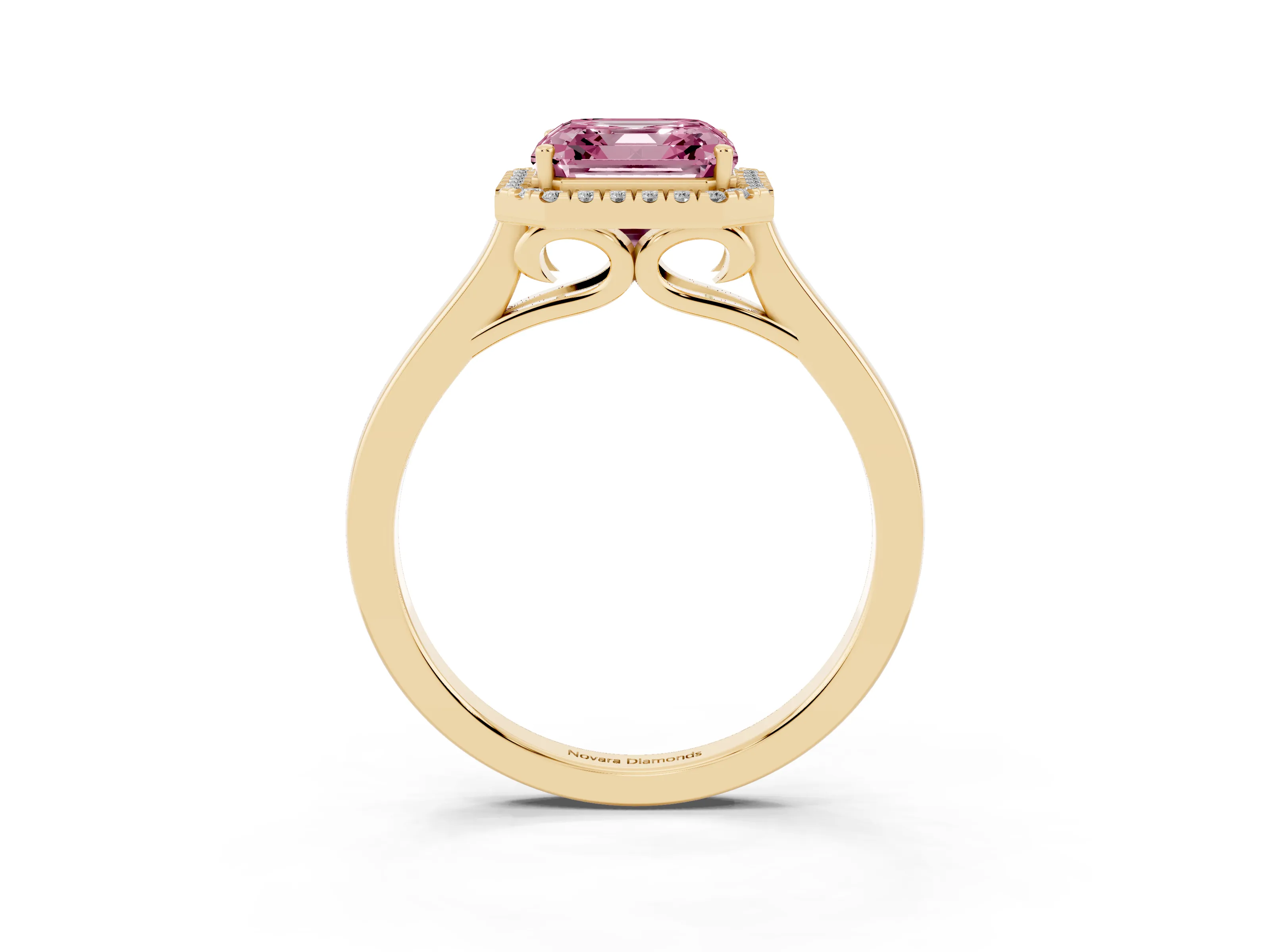 Fancy Pink Asscher Cut Halo Round Diamond Solitaire Ring Set in Yellow gold with Pavé Band and Prong Setting