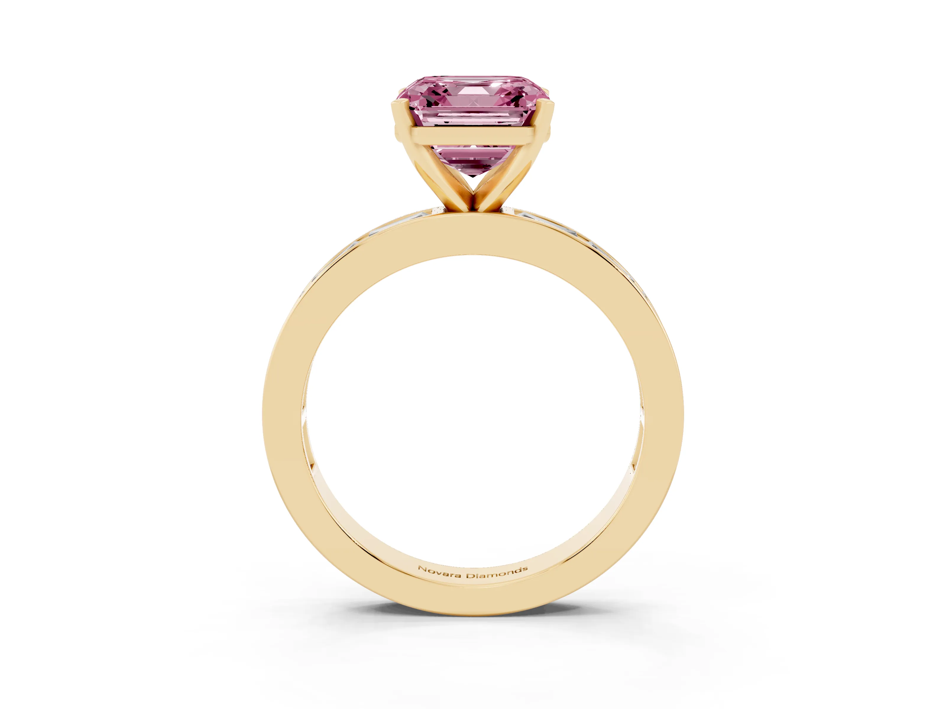 Fancy Pink Asscher Cut Diamond Solitaire Ring Set in Yellow gold with Channel-Set Baguette Band and Prong Setting