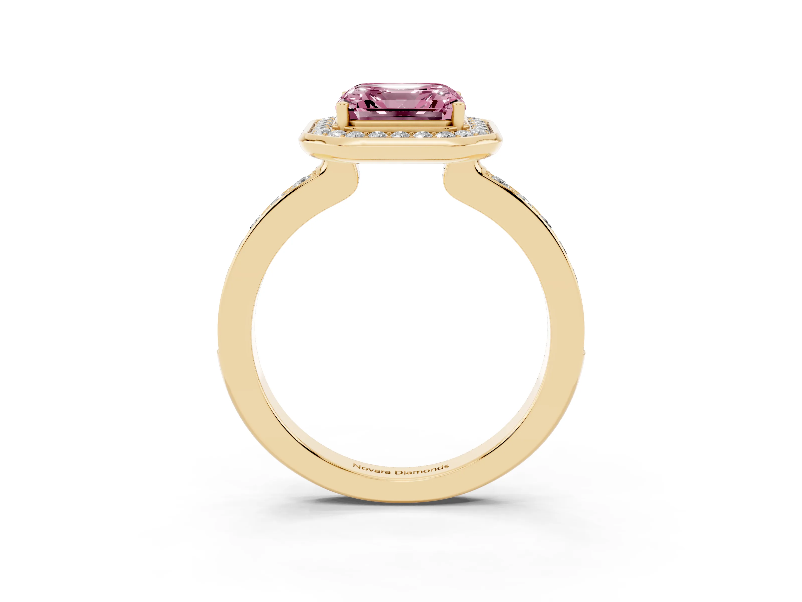 Fancy Pink Asscher Cut Diamond Halo Ring Set in Yellow gold with Bezel Frame and Pavé Band