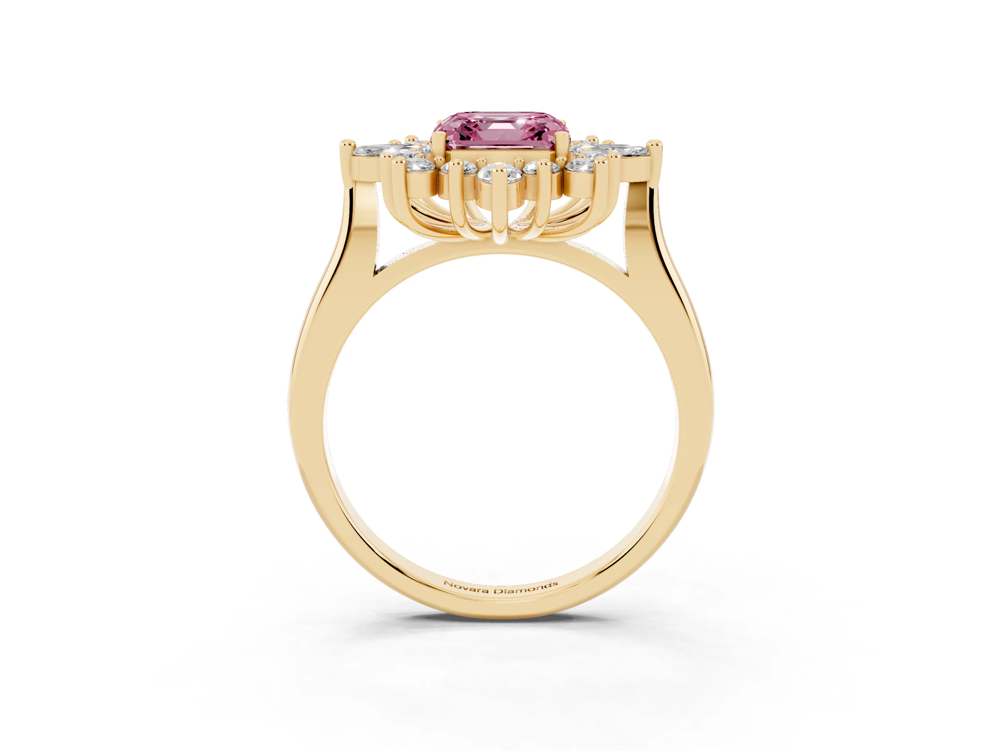 Fancy Pink Asscher Cut Diamond Cluster Halo Ring Set in Yellow gold with Marquise and Round Accents