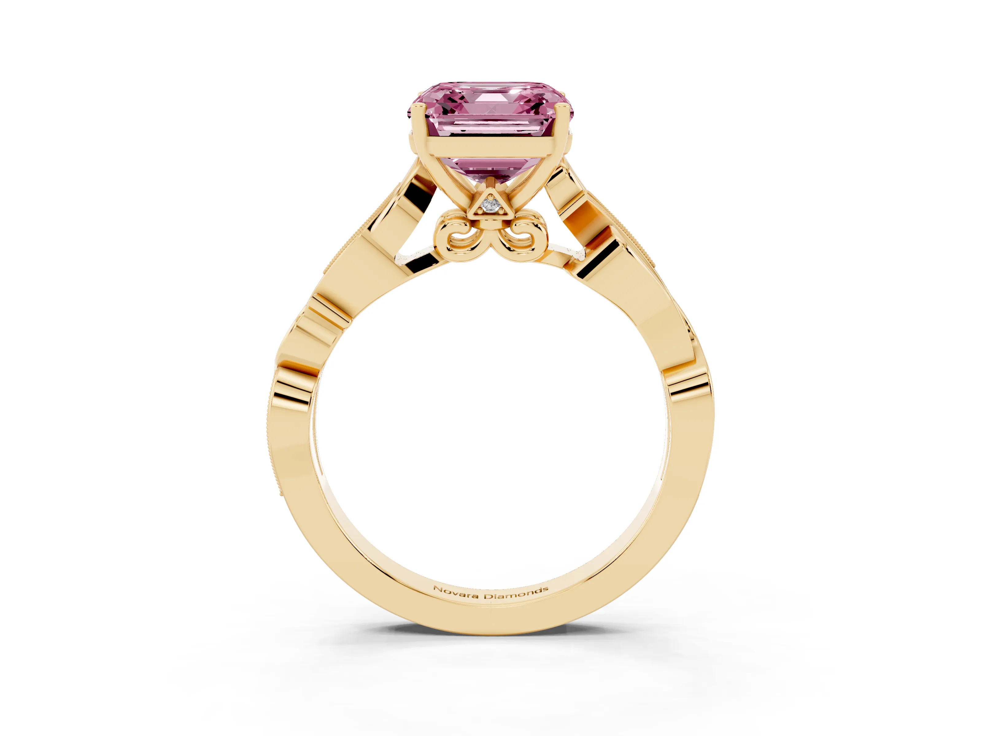 Fancy Pink Asscher Cut Diamond Vine Band Solitaire Ring Set in Yellow gold with Milgrain Prong Setting