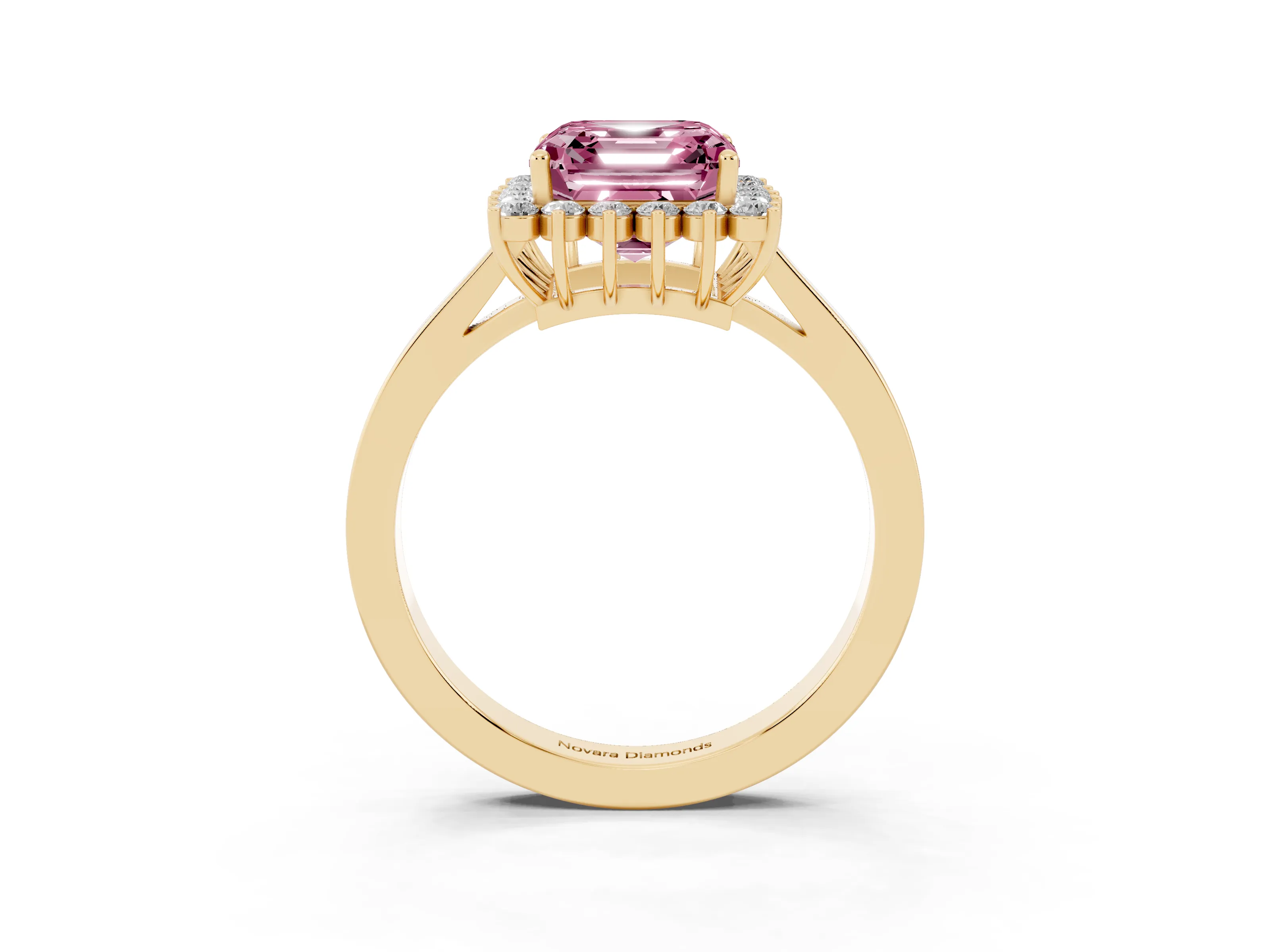 Fancy Pink Asscher Cut Diamond Halo Ring Set in Yellow gold with Round Halo and Smooth Solitaire Band