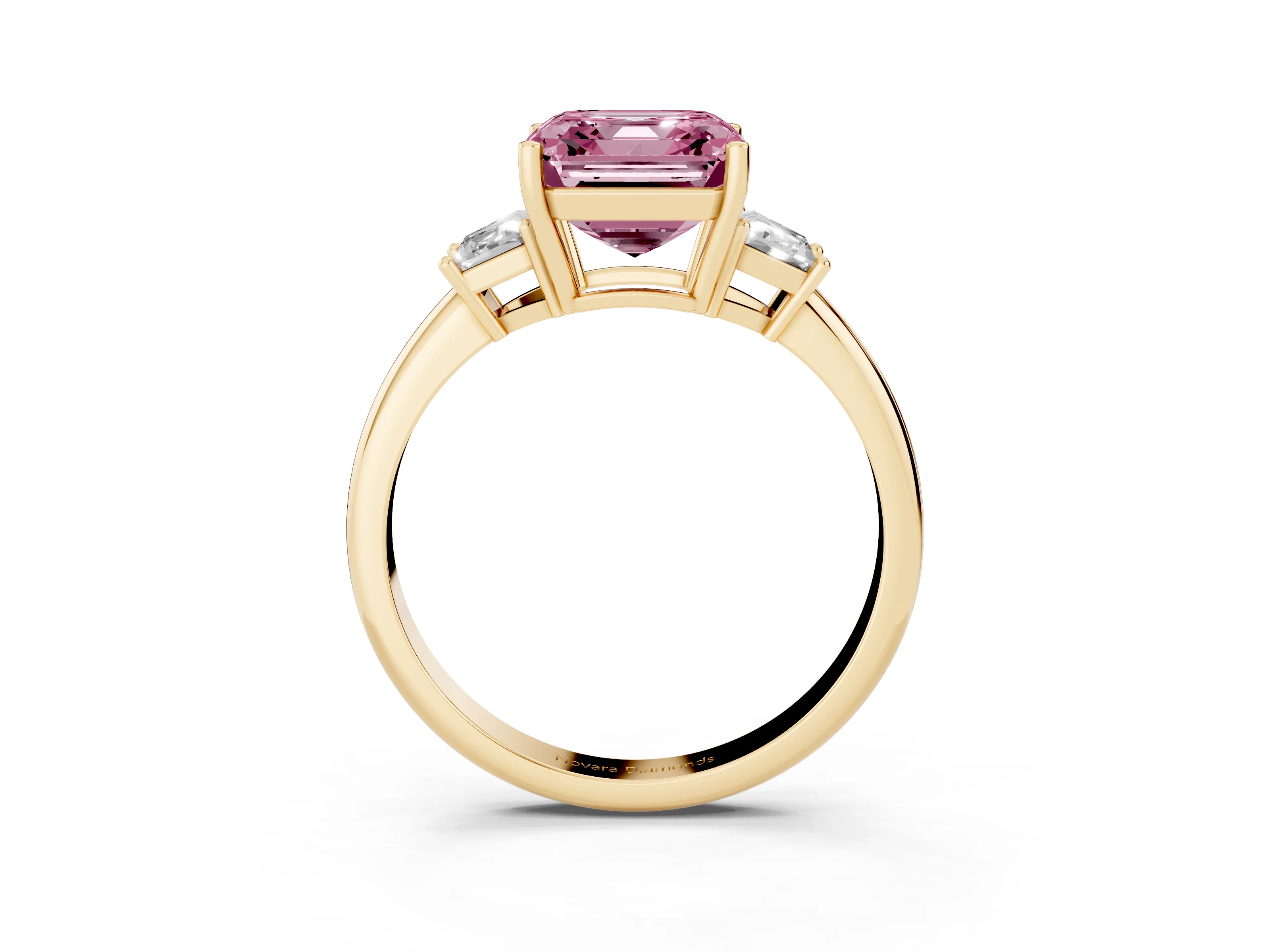 Fancy Pink Asscher Cut Diamond Three-Stone Ring Set in Yellow gold with Trapezoid Side Stones and Prong Setting