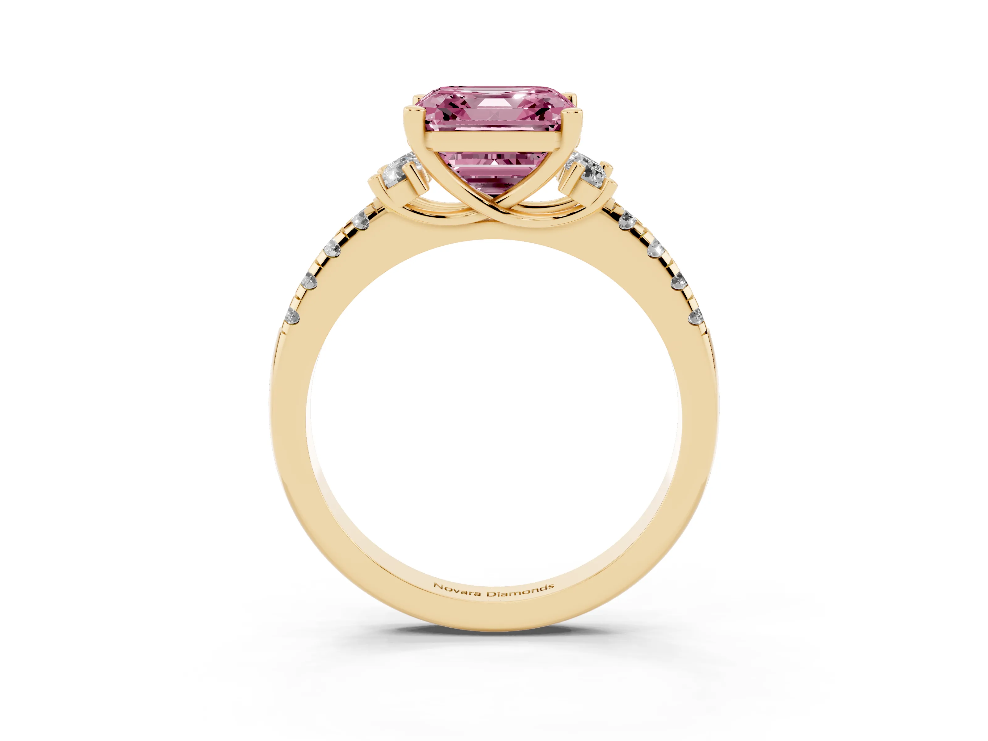 Fancy Pink Asscher Cut Diamond Three-Stone Pavé Ring Set in Yellow gold with Prong Setting