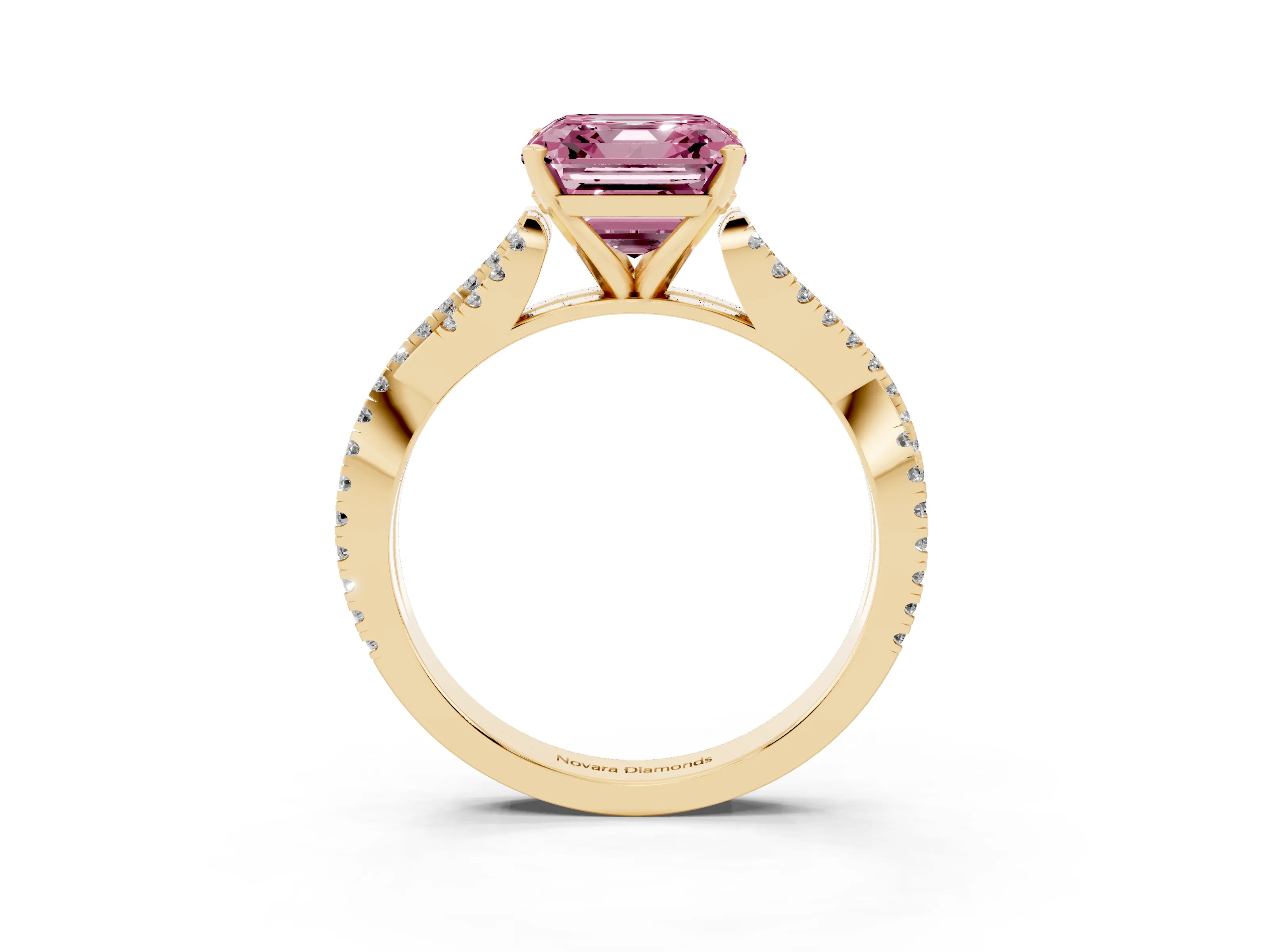 Fancy Pink Asscher Cut Diamond Solitaire Engagement Ring Set in Yellow gold with Twisted Pavé Band and Prong Setting