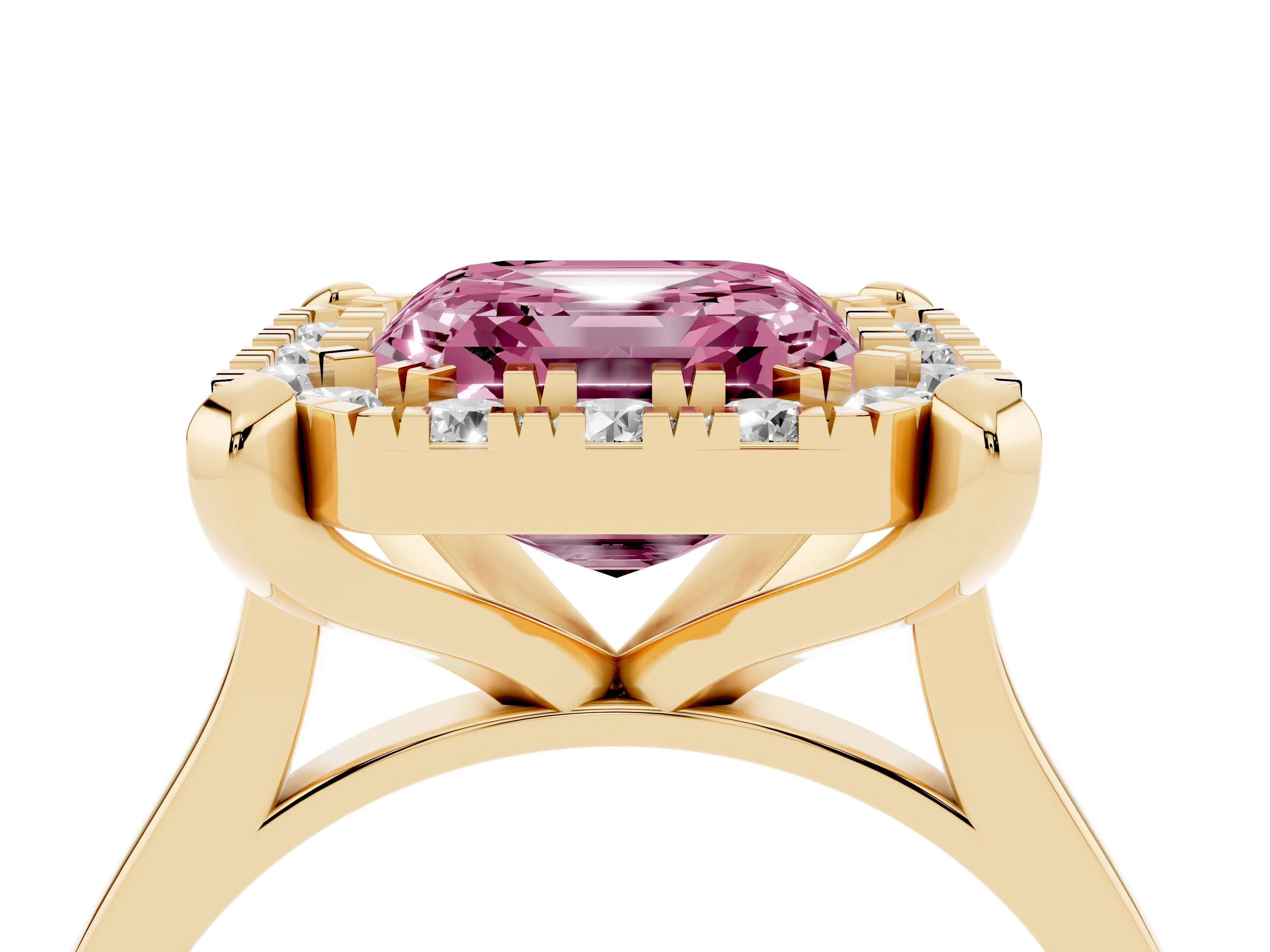 Fancy Pink Asscher Cut Diamond Cluster Halo Solitaire Ring Set in Yellow gold with Prong Setting
