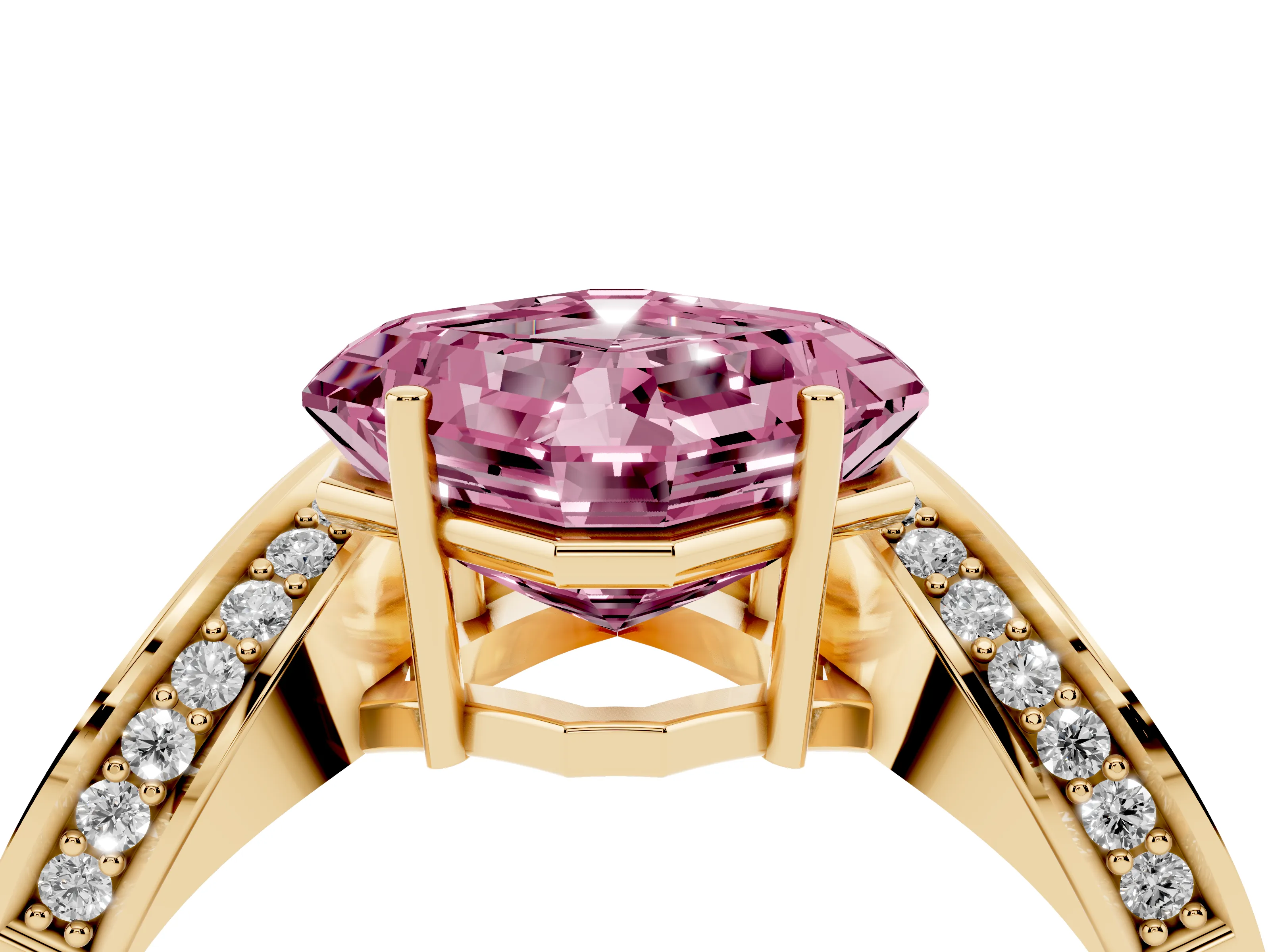 Fancy Pink Asscher Cut Diamond Solitaire Engagement Ring Set in Yellow gold with Pavé Shoulders