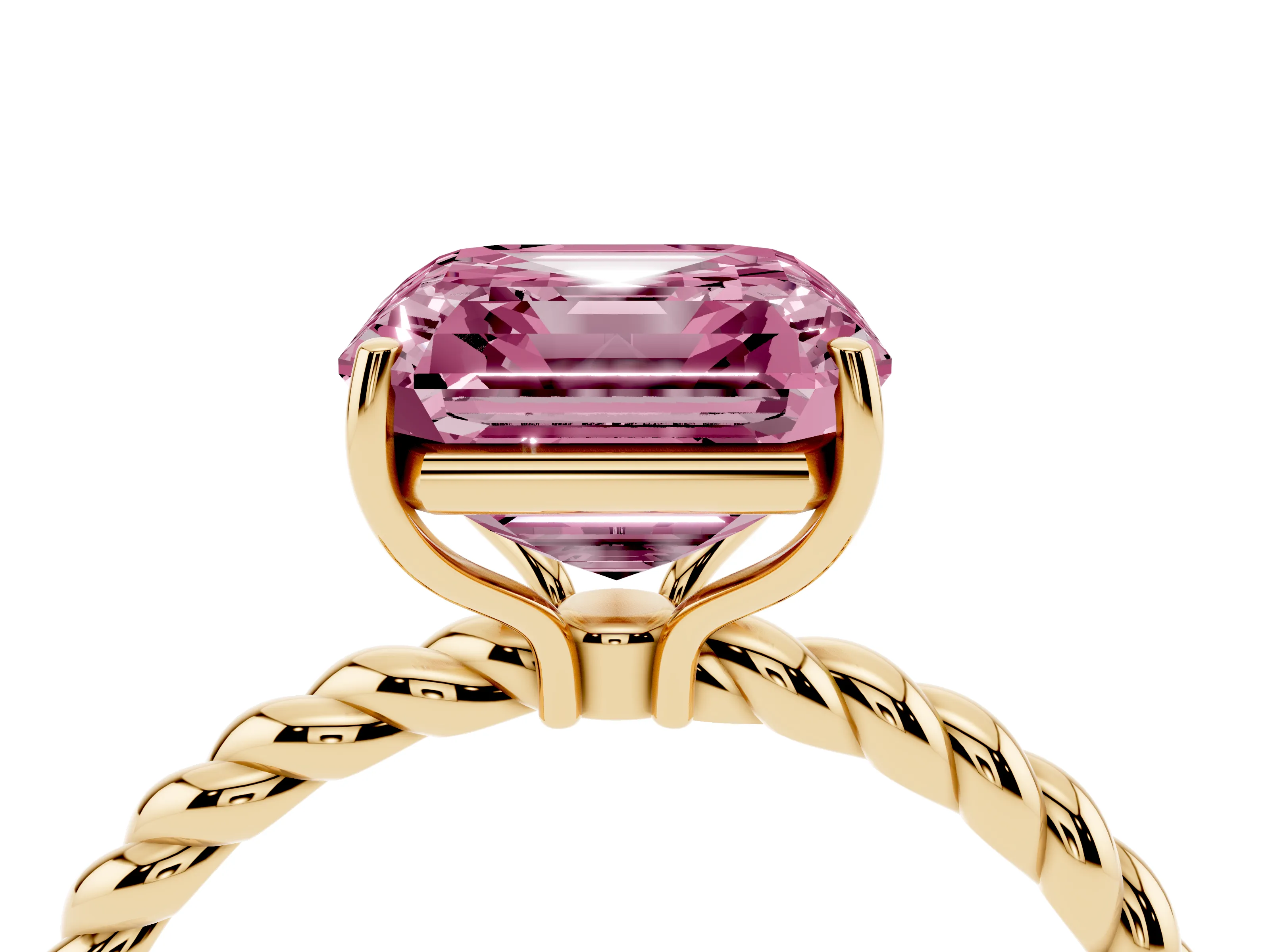 Fancy Pink Asscher Cut Diamond Solitaire Ring Set in Yellow gold with Twist Band and Prong Setting