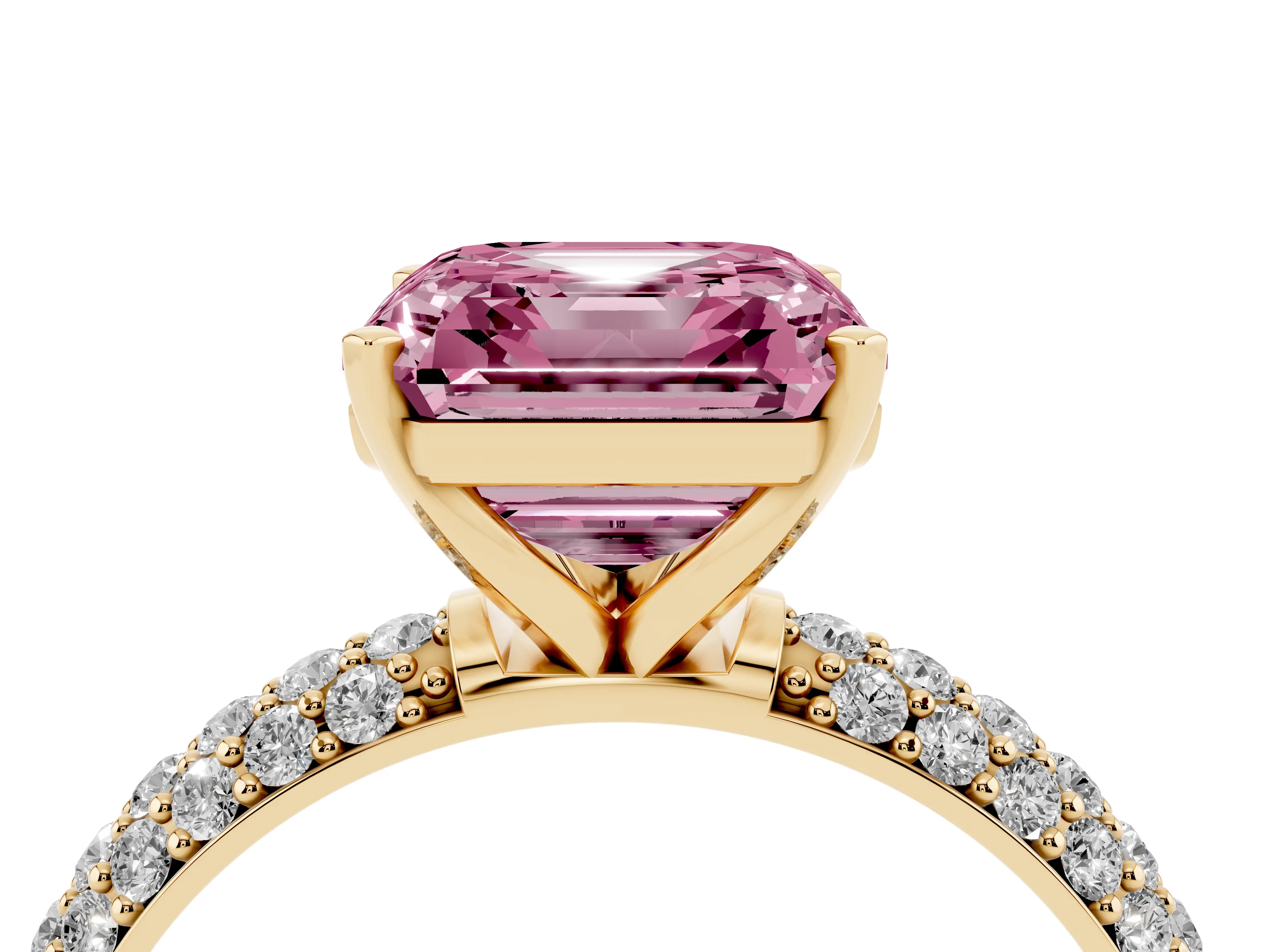 Fancy Pink Asscher Cut Diamond Solitaire Ring Set in Yellow gold with Prong Setting and Pavé-Set Band
