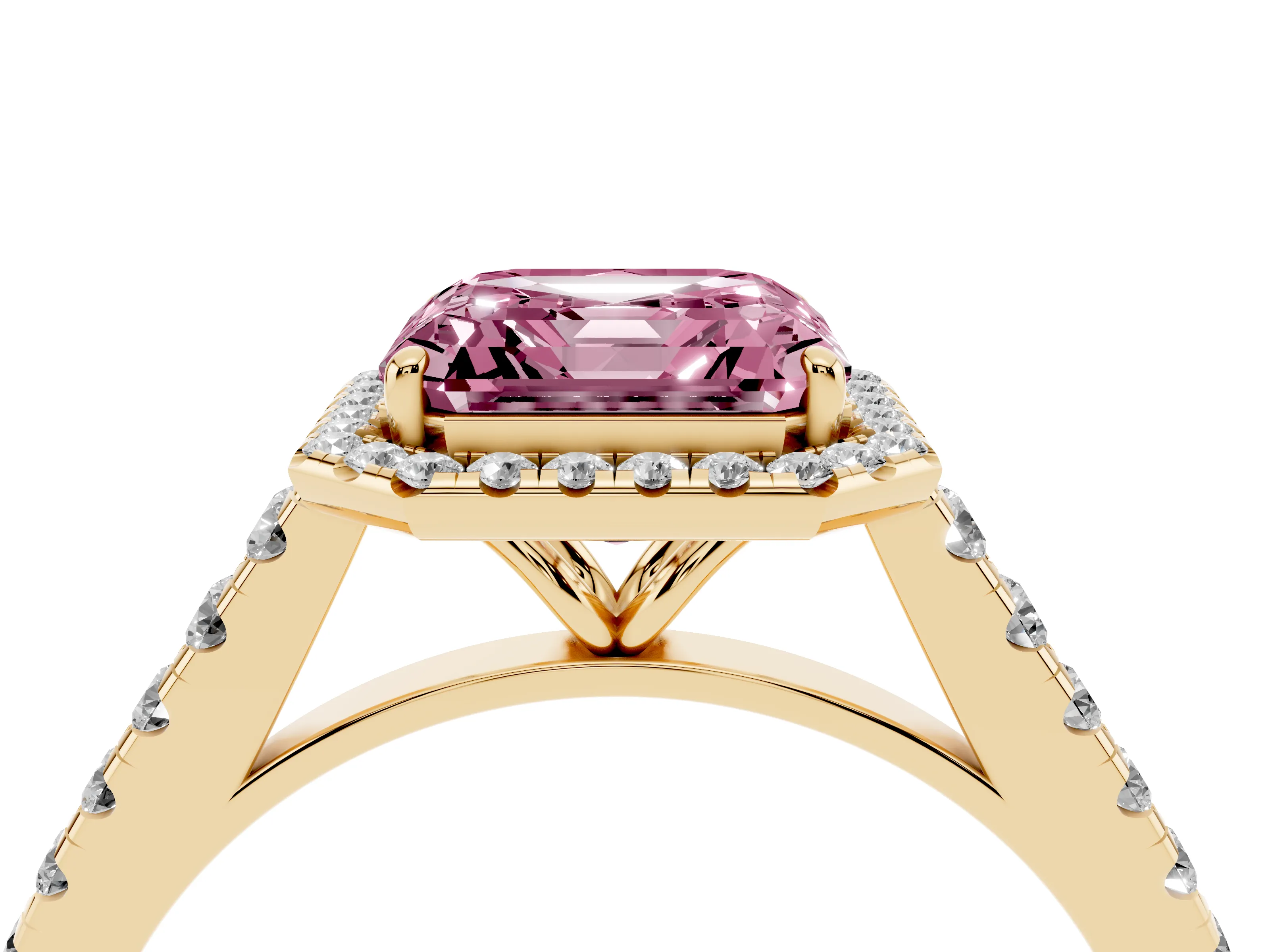 Fancy Pink Asscher Cut Diamond Halo Pavé Engagement Ring Set in Yellow gold with Prong Setting