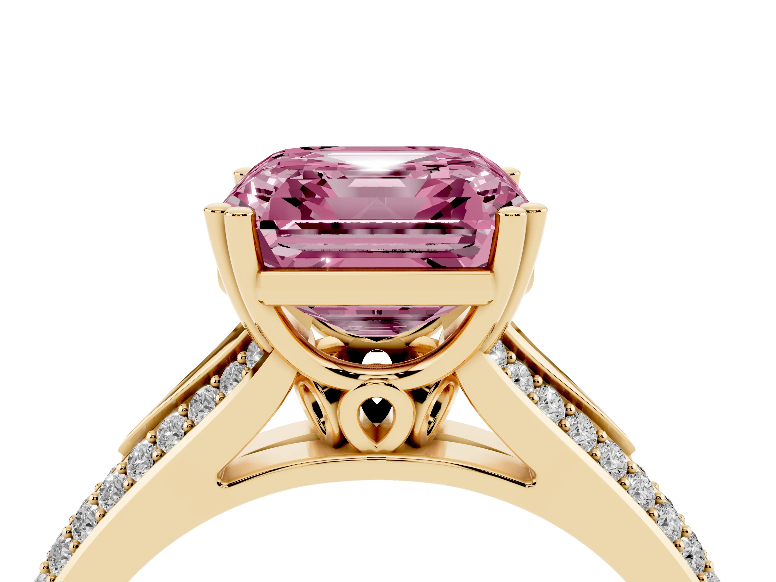 Fancy Pink Asscher Cut Diamond Split Shank Pavé Engagement Ring Set in Yellow gold with Prong-Set Center Stone