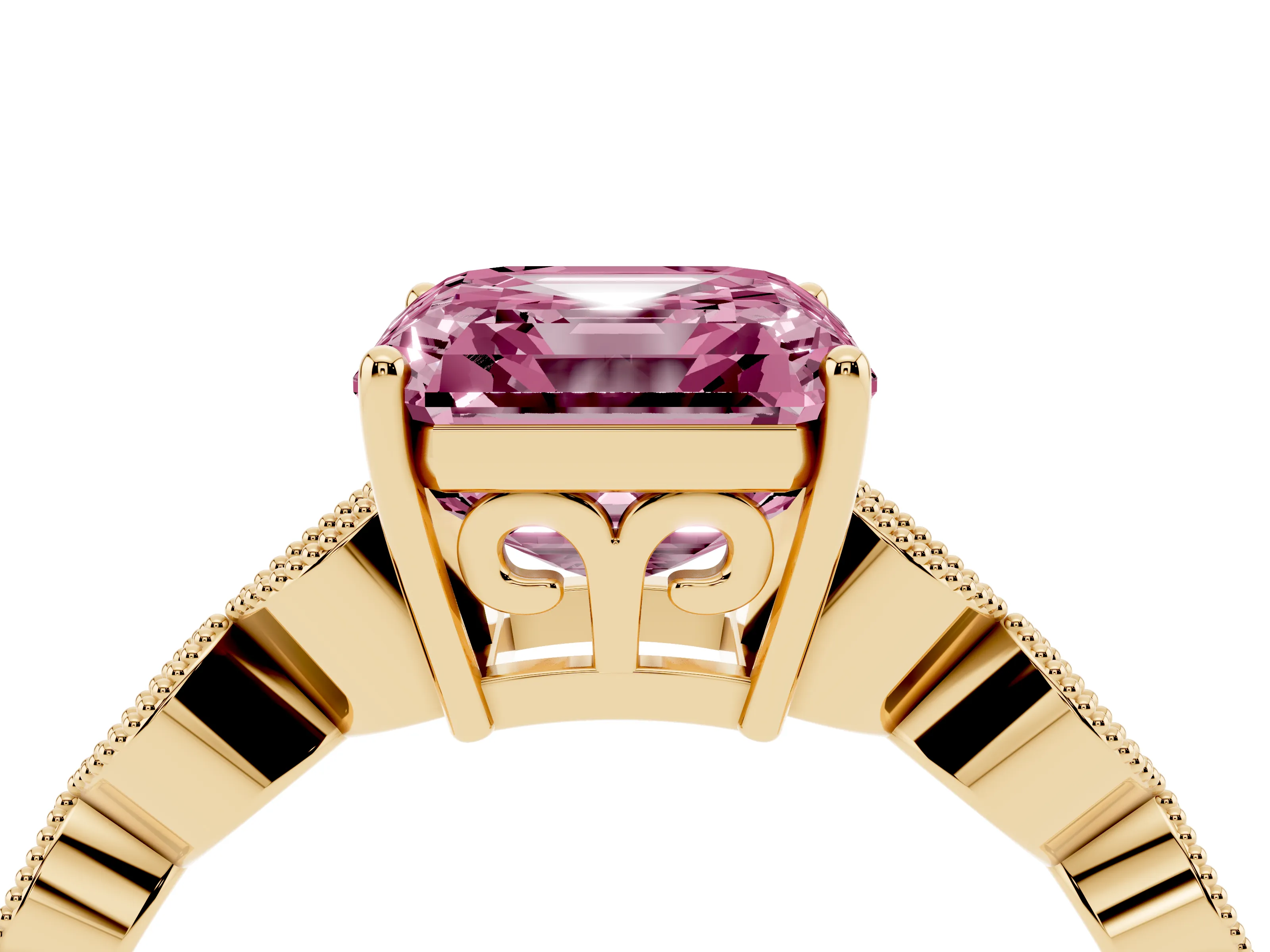 Fancy Pink Asscher Cut Diamond Solitaire Ring Set in Yellow gold with Infinity Twist Pavé Band
