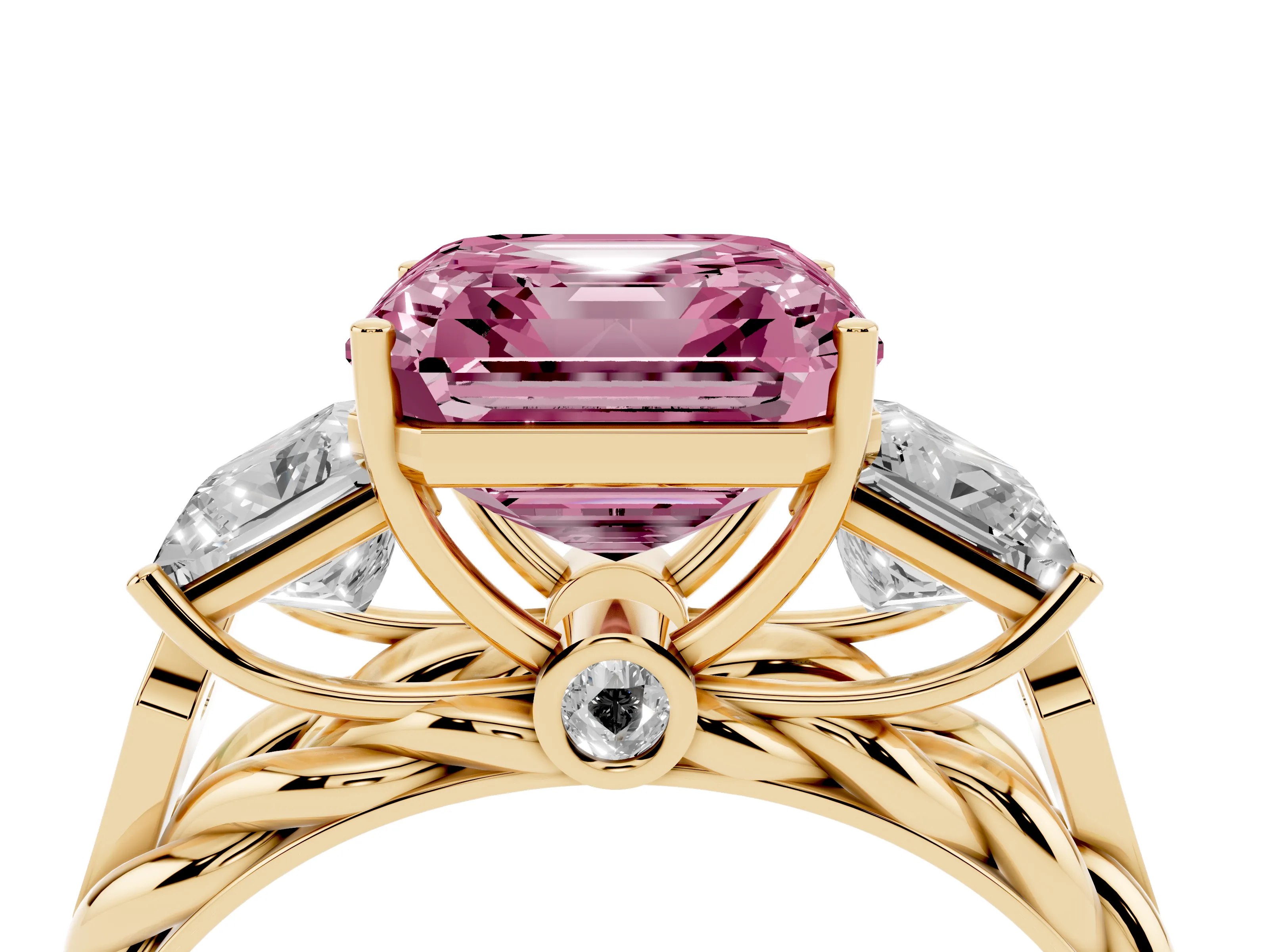 Fancy Pink Asscher Cut Diamond Three-Stone Ring Set in Yellow gold with Braided Band