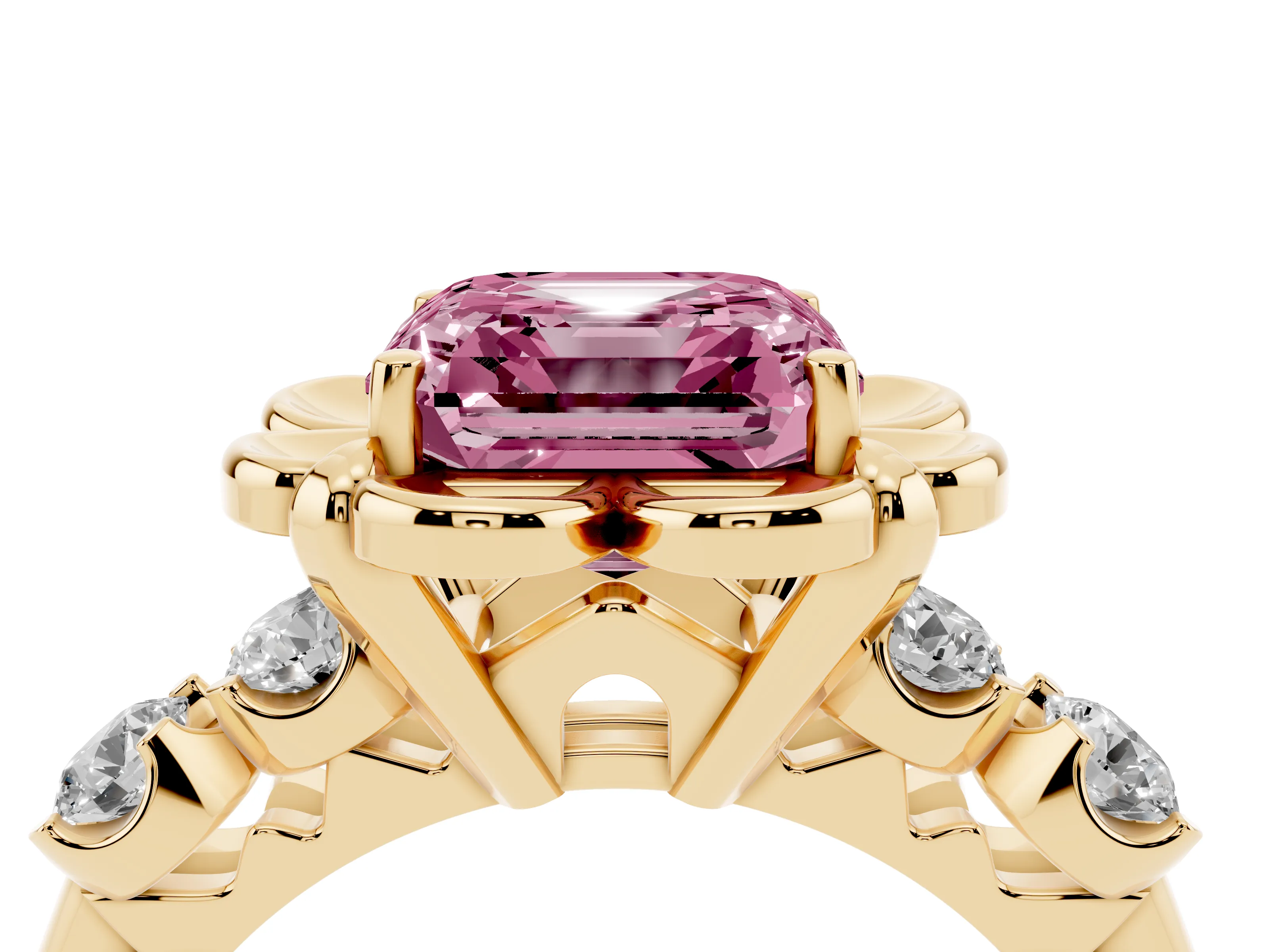Fancy Pink Asscher Cut Diamond Floral Halo Ring Set in Yellow gold with Shared Prong Band